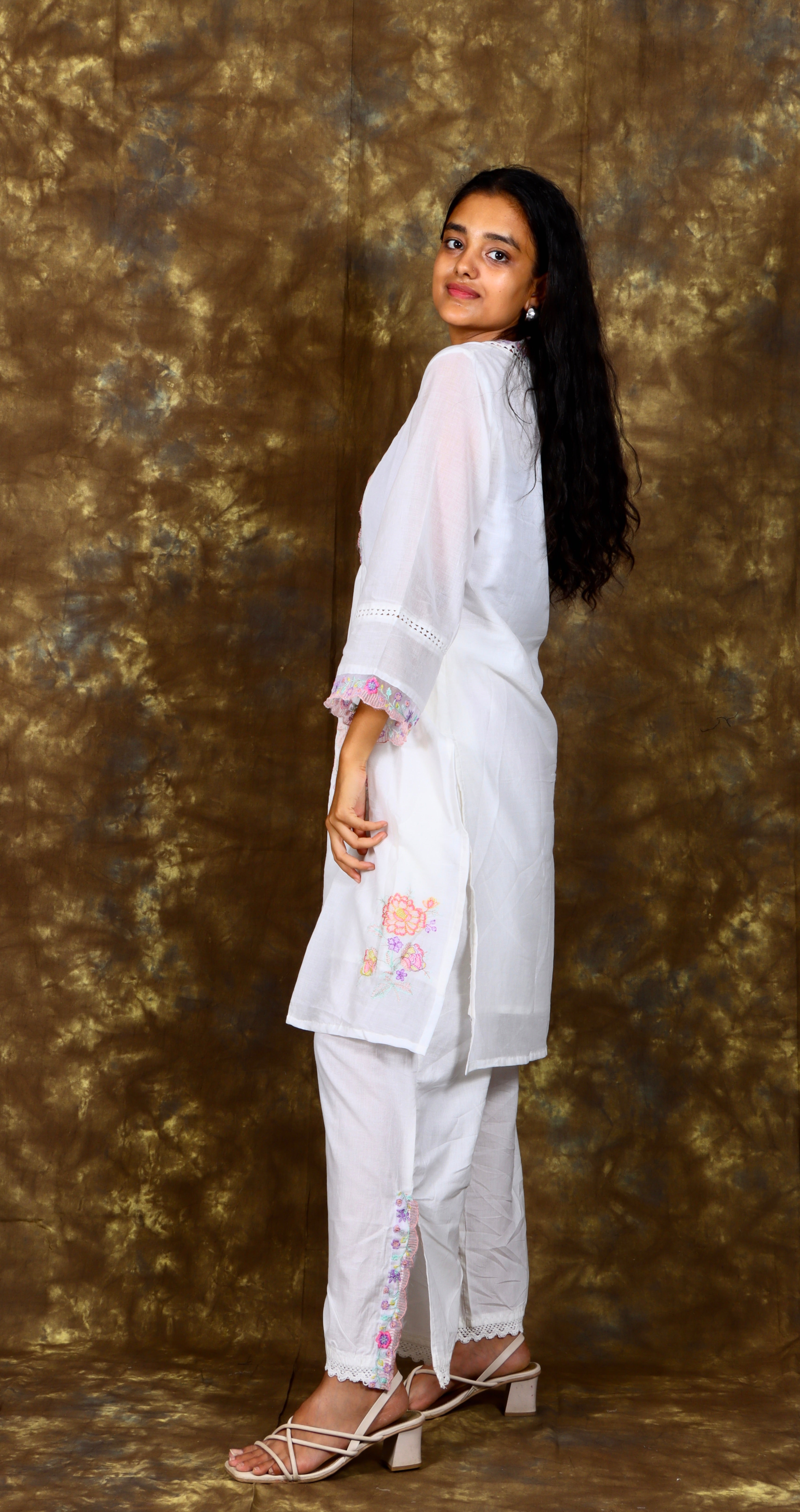 Floral Hand Embroidered Co-Ord Set - White