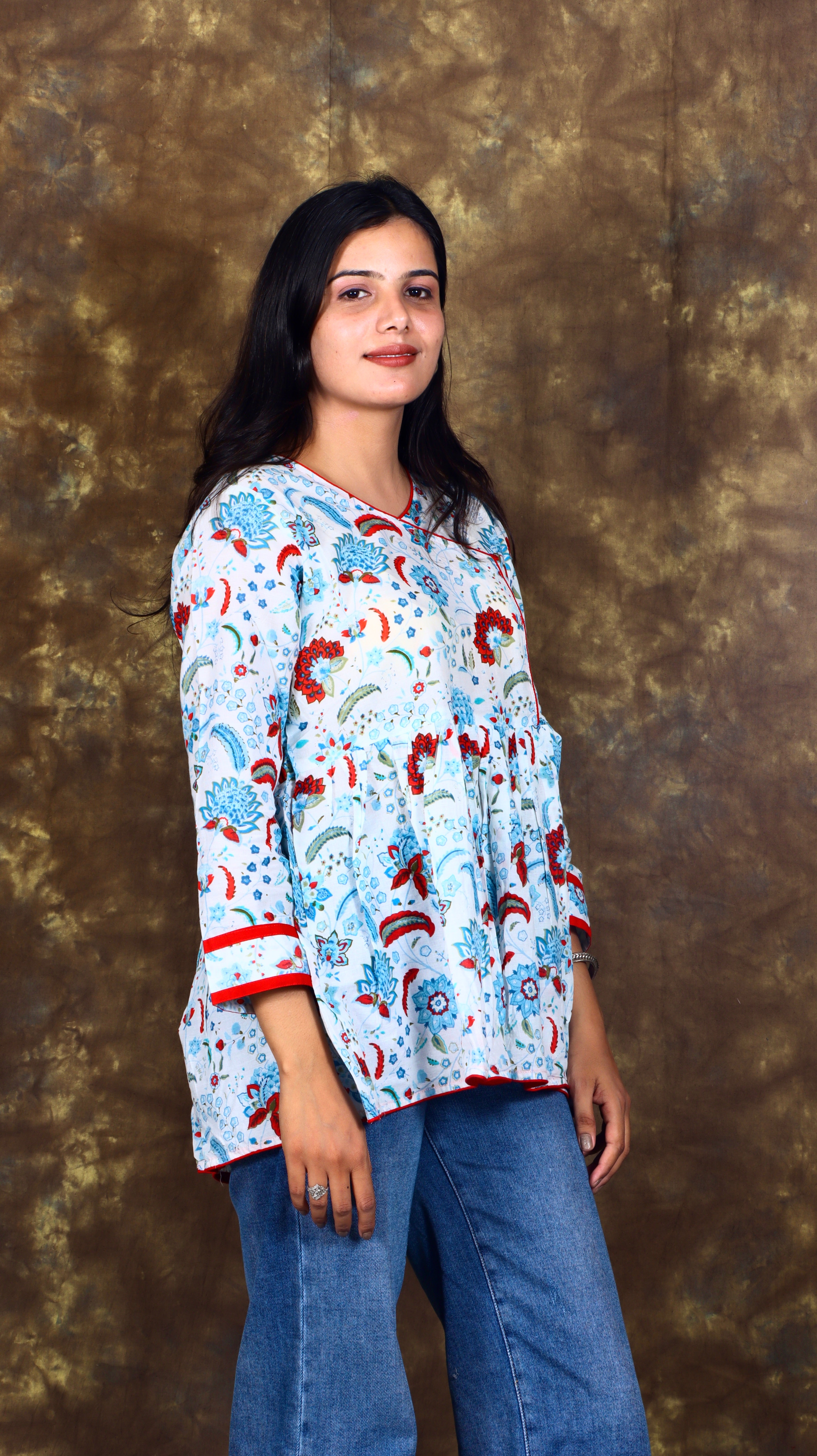 Ethnic Paisley Floral printed Angarkha style Kurti - White
