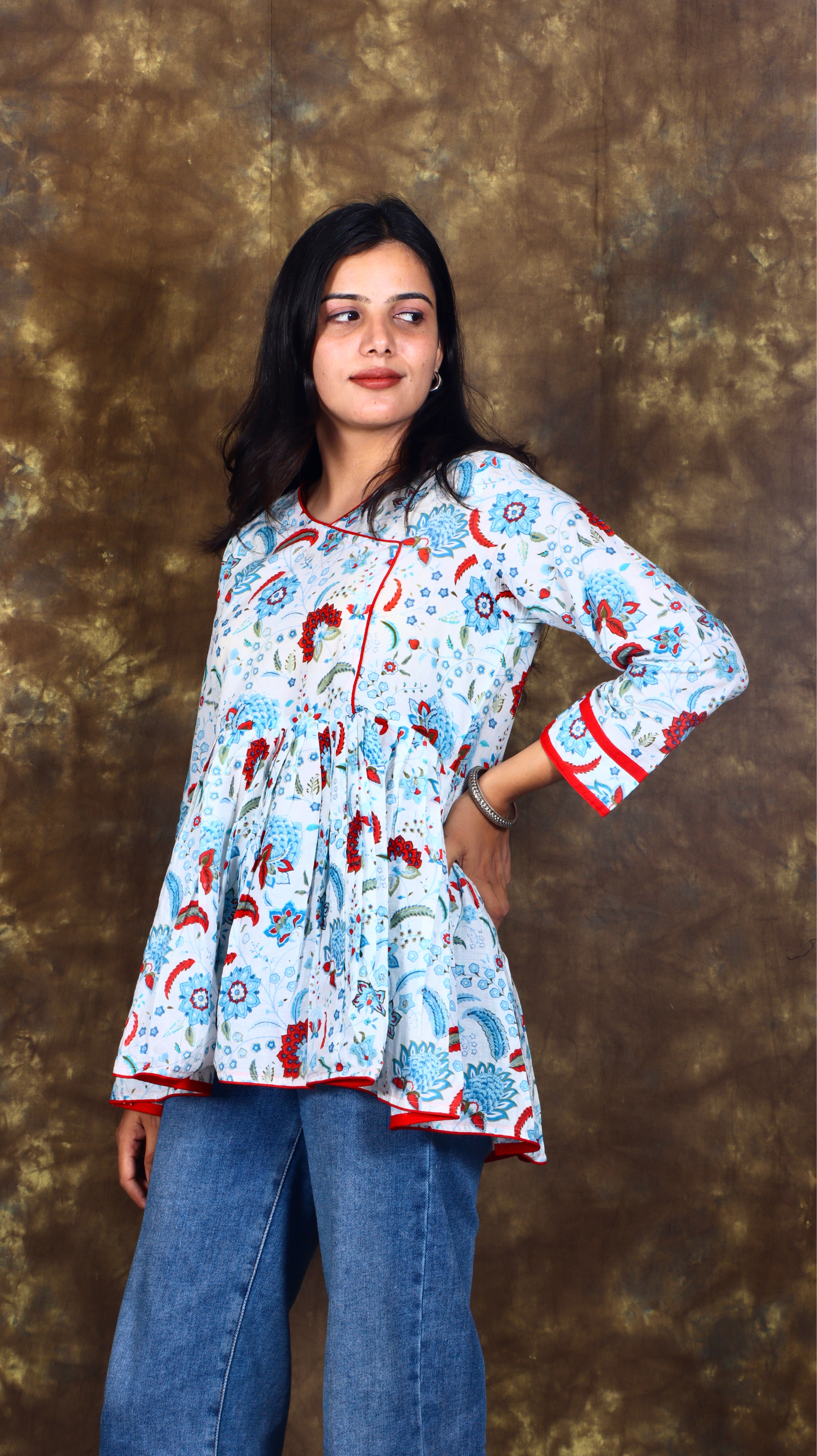 Ethnic Paisley Floral printed Angarkha style Kurti - White