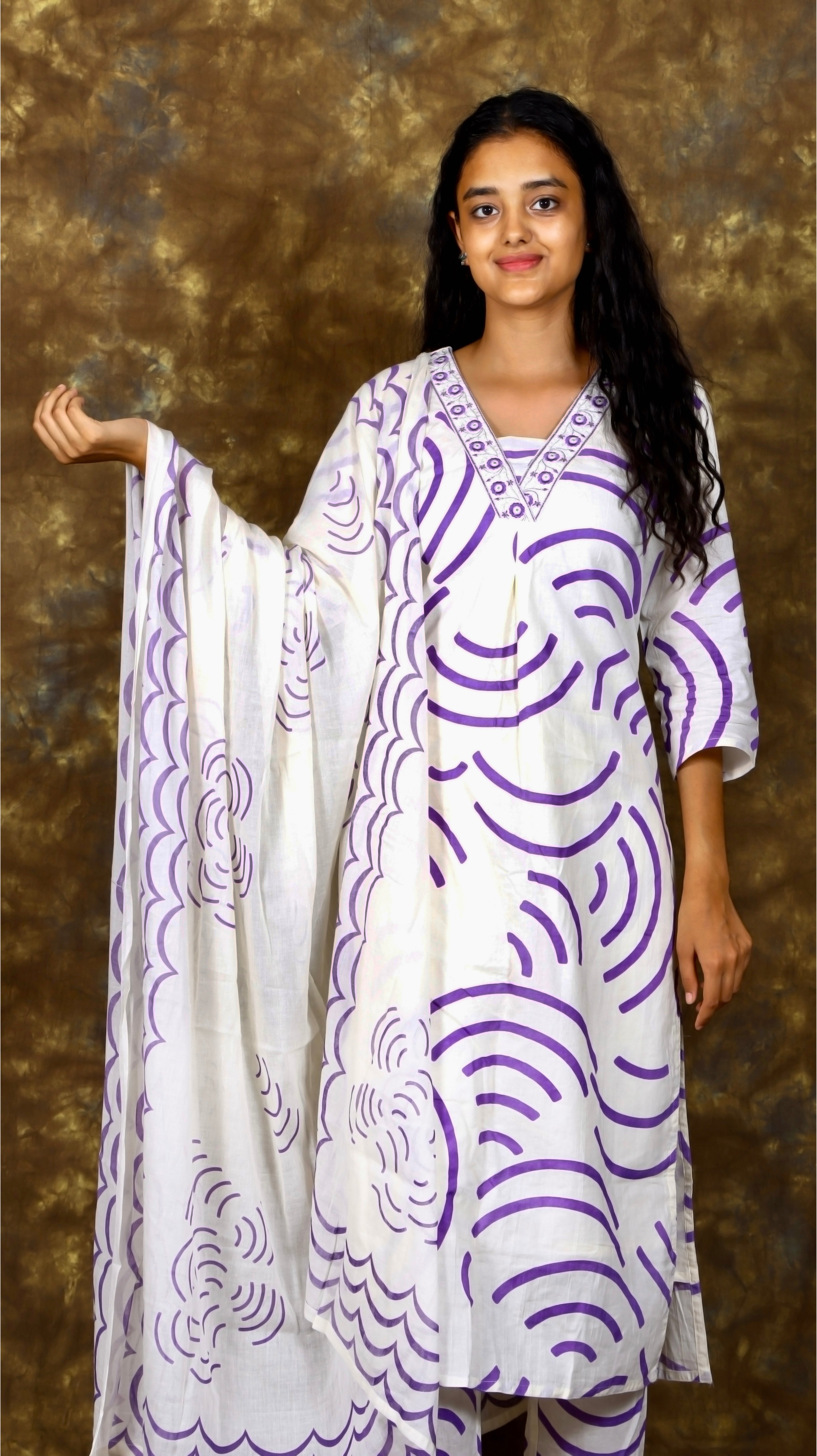 Wifi Printed and Embroidered Kurta with Pant and Dupatta - Off White