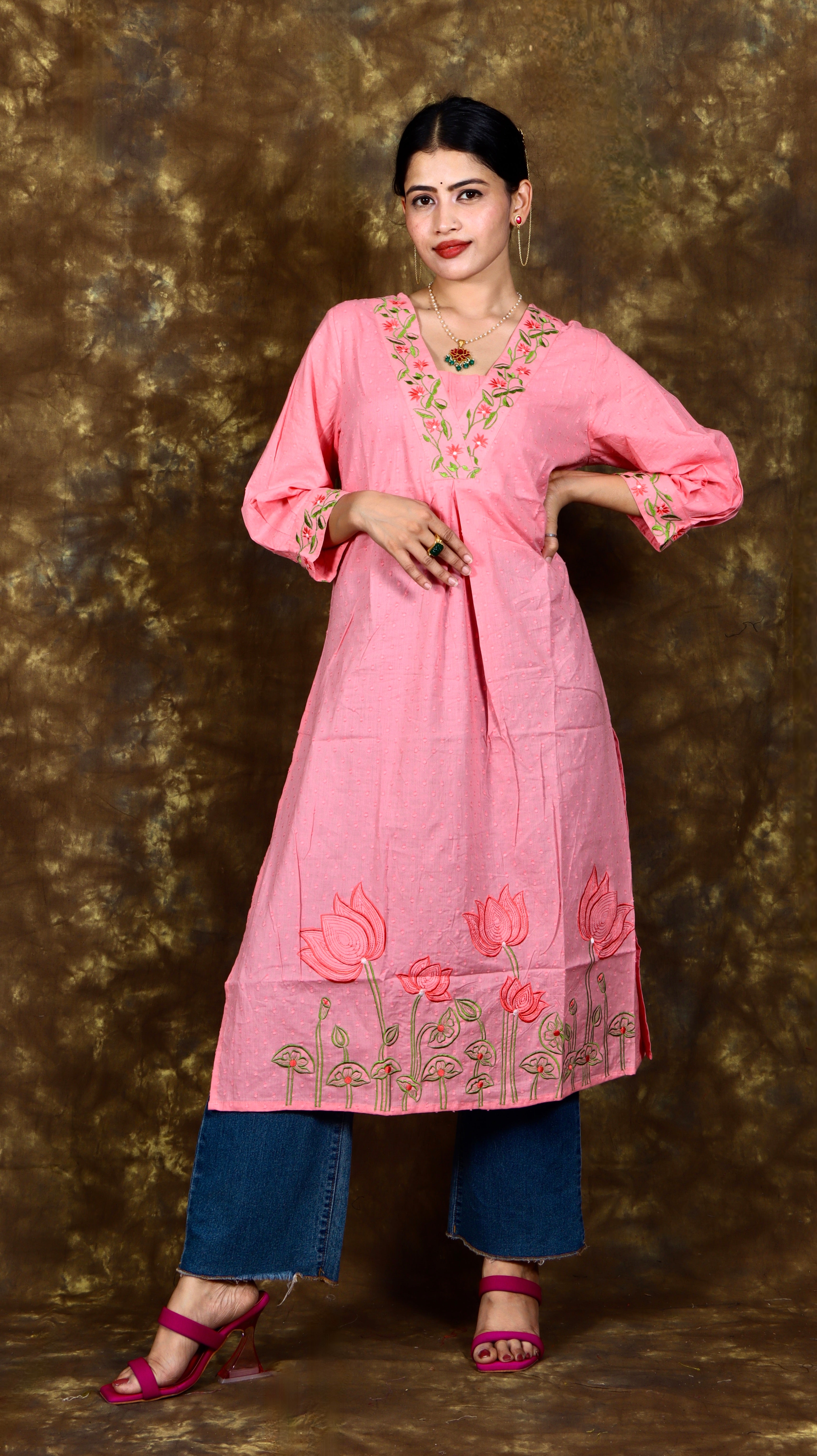 Floral Thread Work A-line Pleated Kurta - Pastel Pink