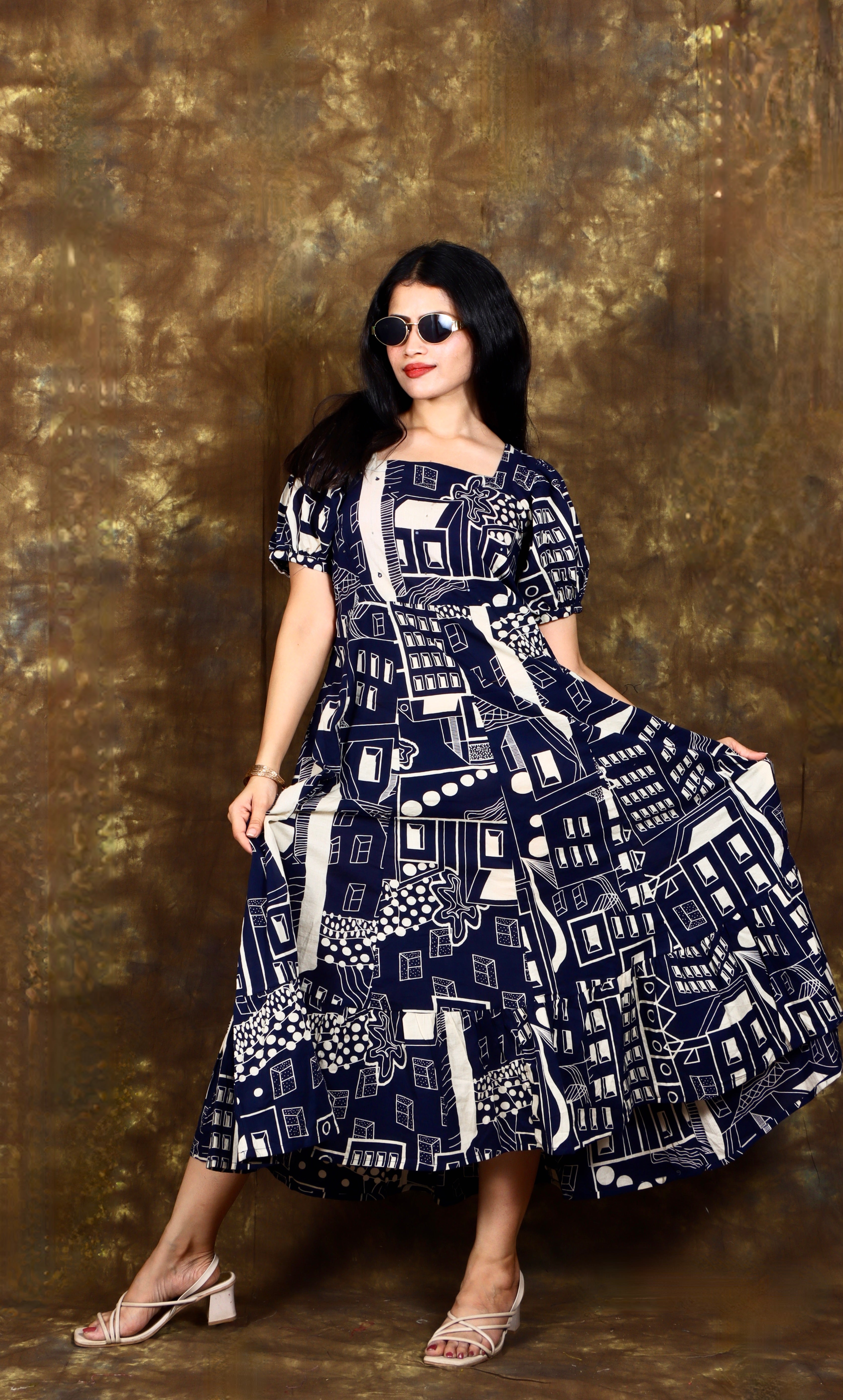 Abstract Geomatric Printed and Mirror work Embroidered Tiered Flared Maxi Dress - Navy Blue