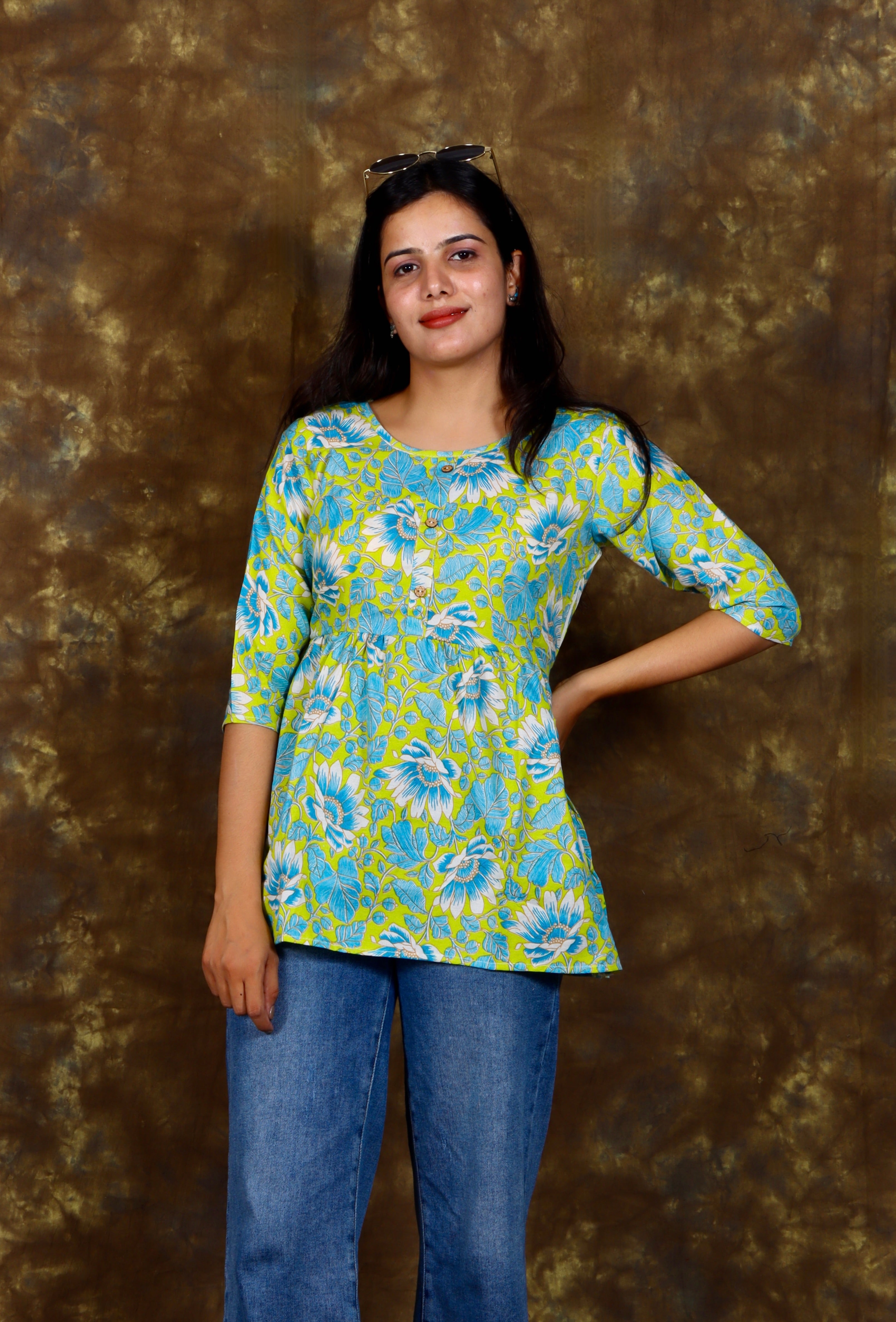 Floral Printed A-line Pleated Kurti - Yellow Green