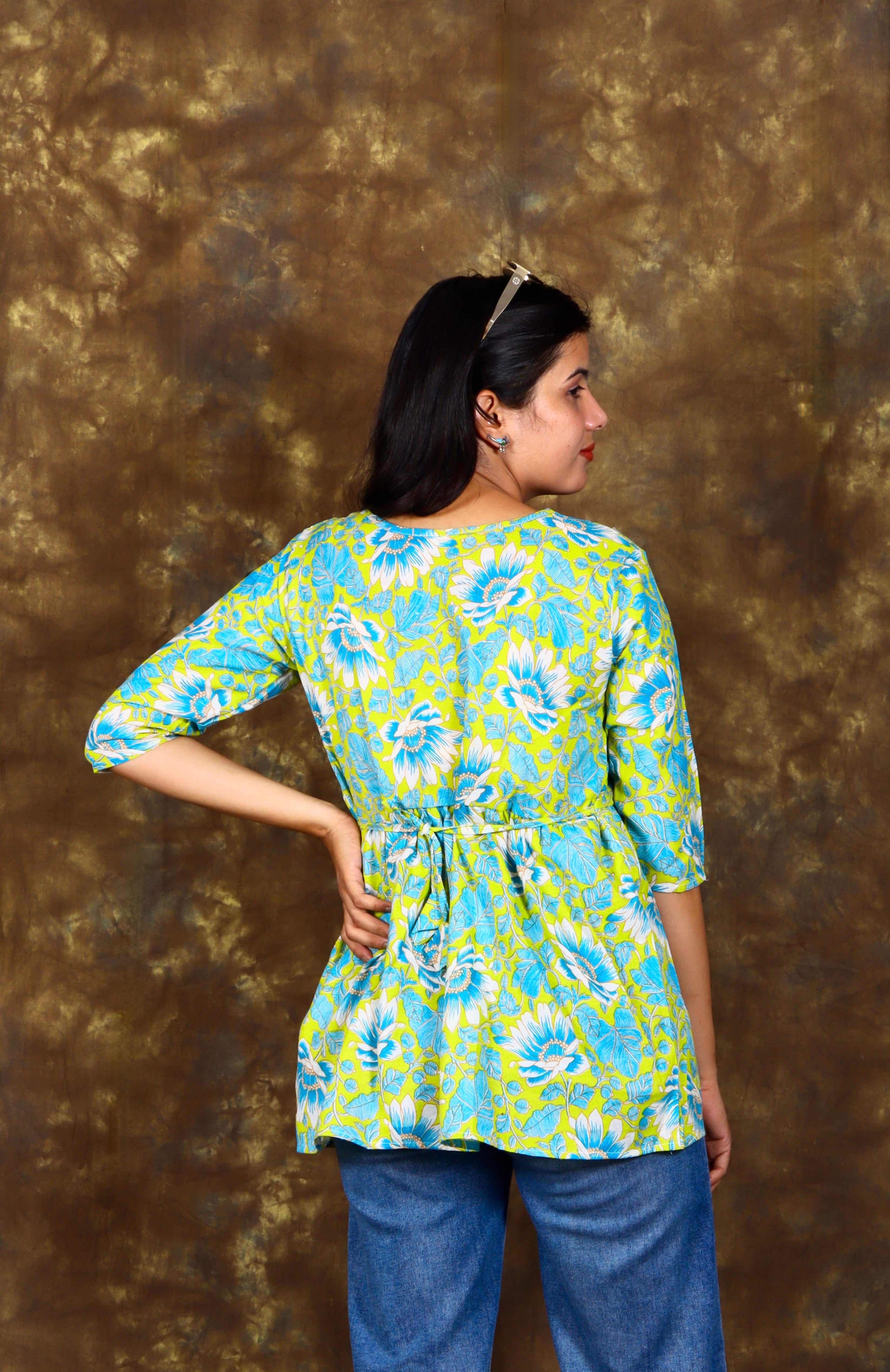 Floral Printed A-line Pleated Kurti - Yellow Green