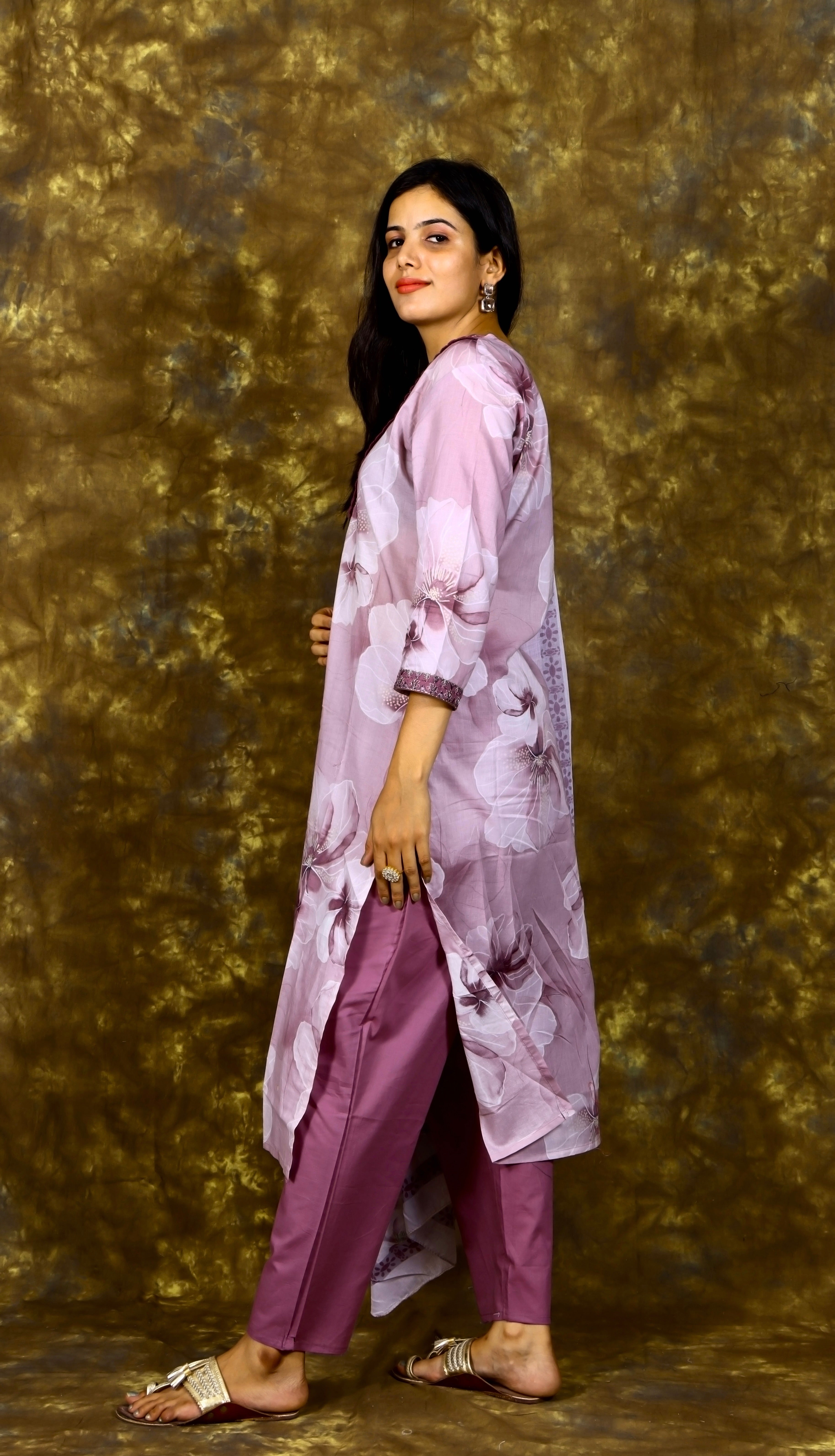 Floral Printed and Embroidered Kurta with Solid Pant and Printed Dupatta - Lavender