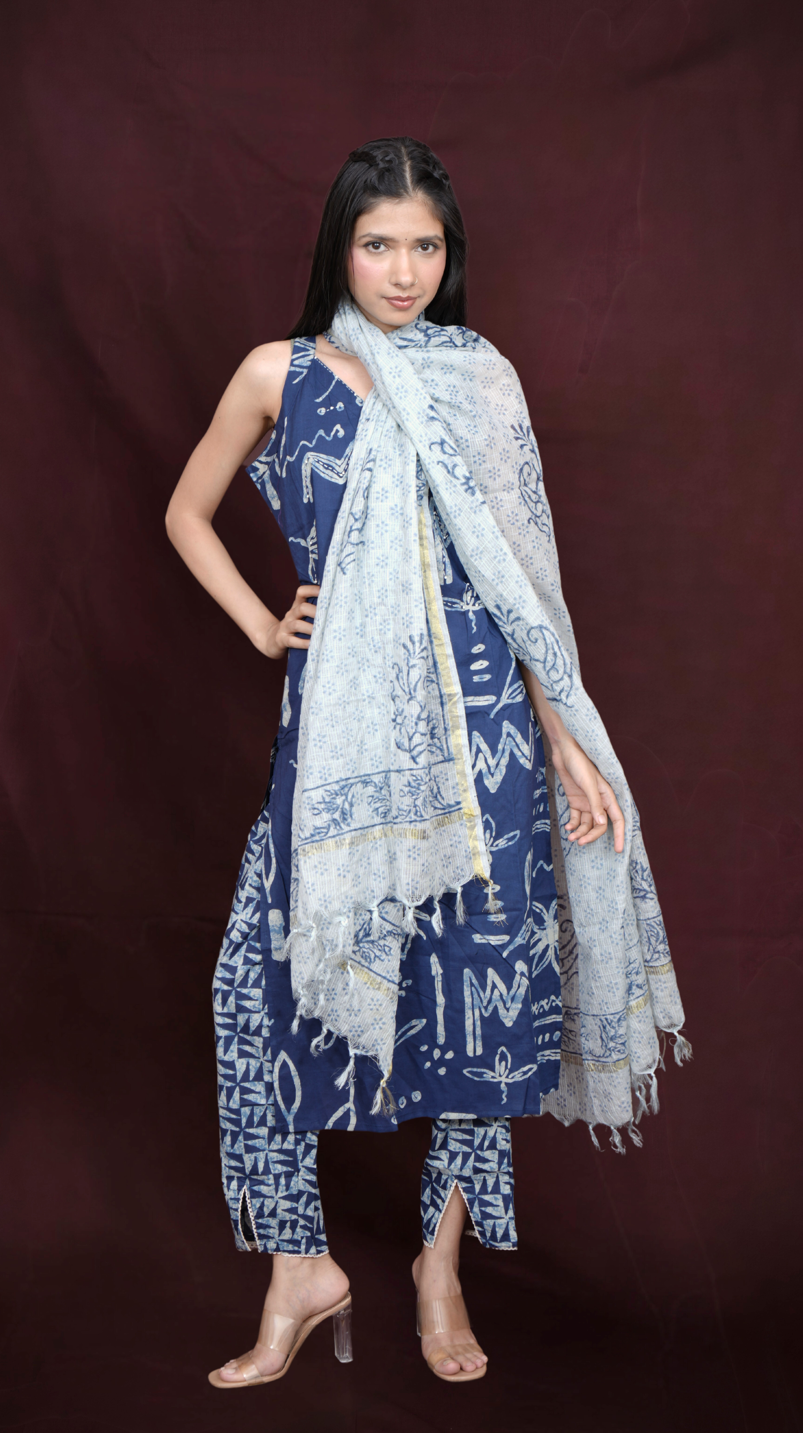Ethnic Batik Printed and Beads Embroidered Kurta with Pant and Dupatta - Navy Blue