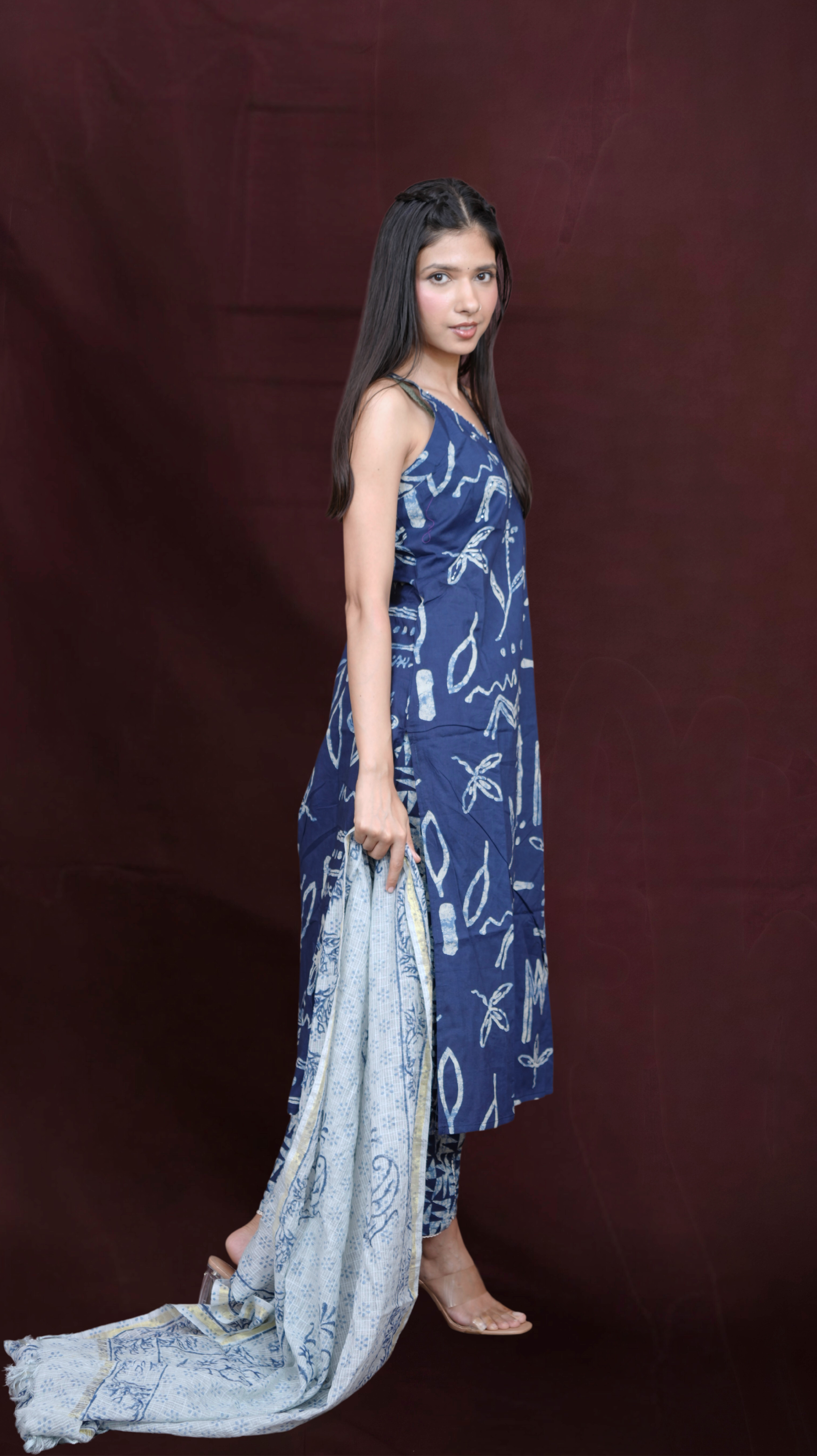 Ethnic Batik Printed and Beads Embroidered Kurta with Pant and Dupatta - Navy Blue