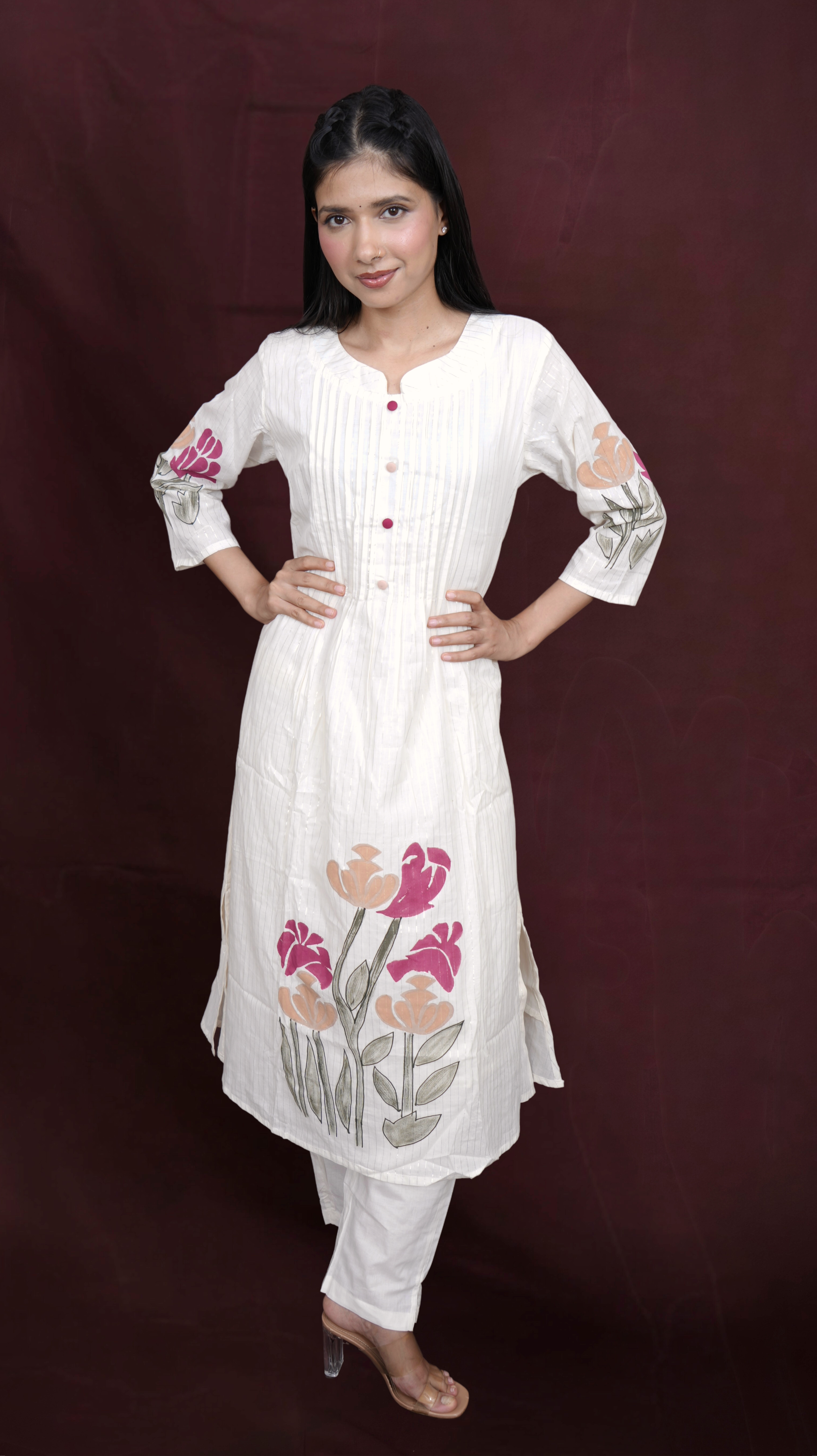 Floral Hand Printed A-line Pleated Co-Ords Set - Off White
