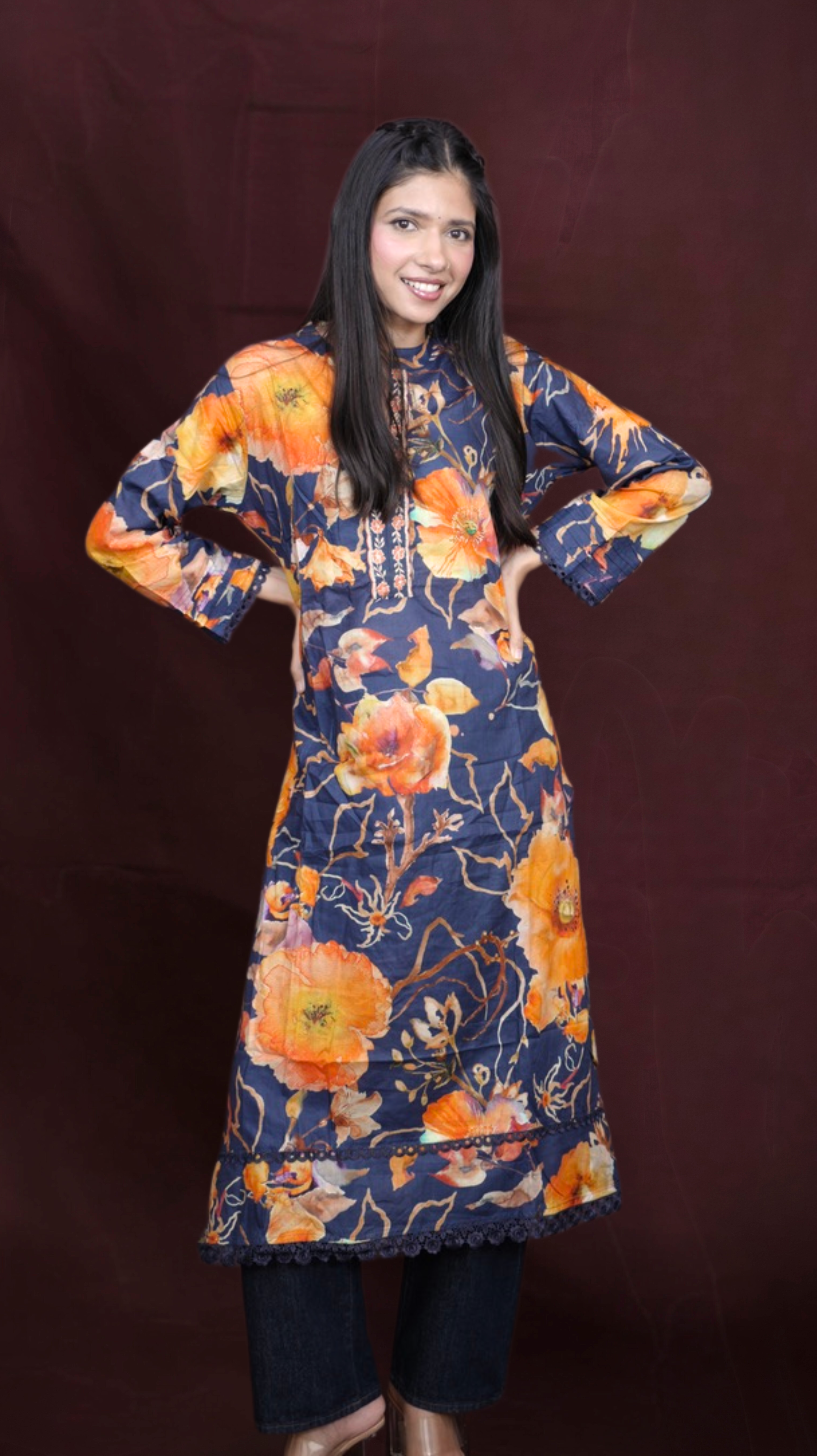 Abstract Floral Printed and Embroidered Straight Kurta - Navy Blue