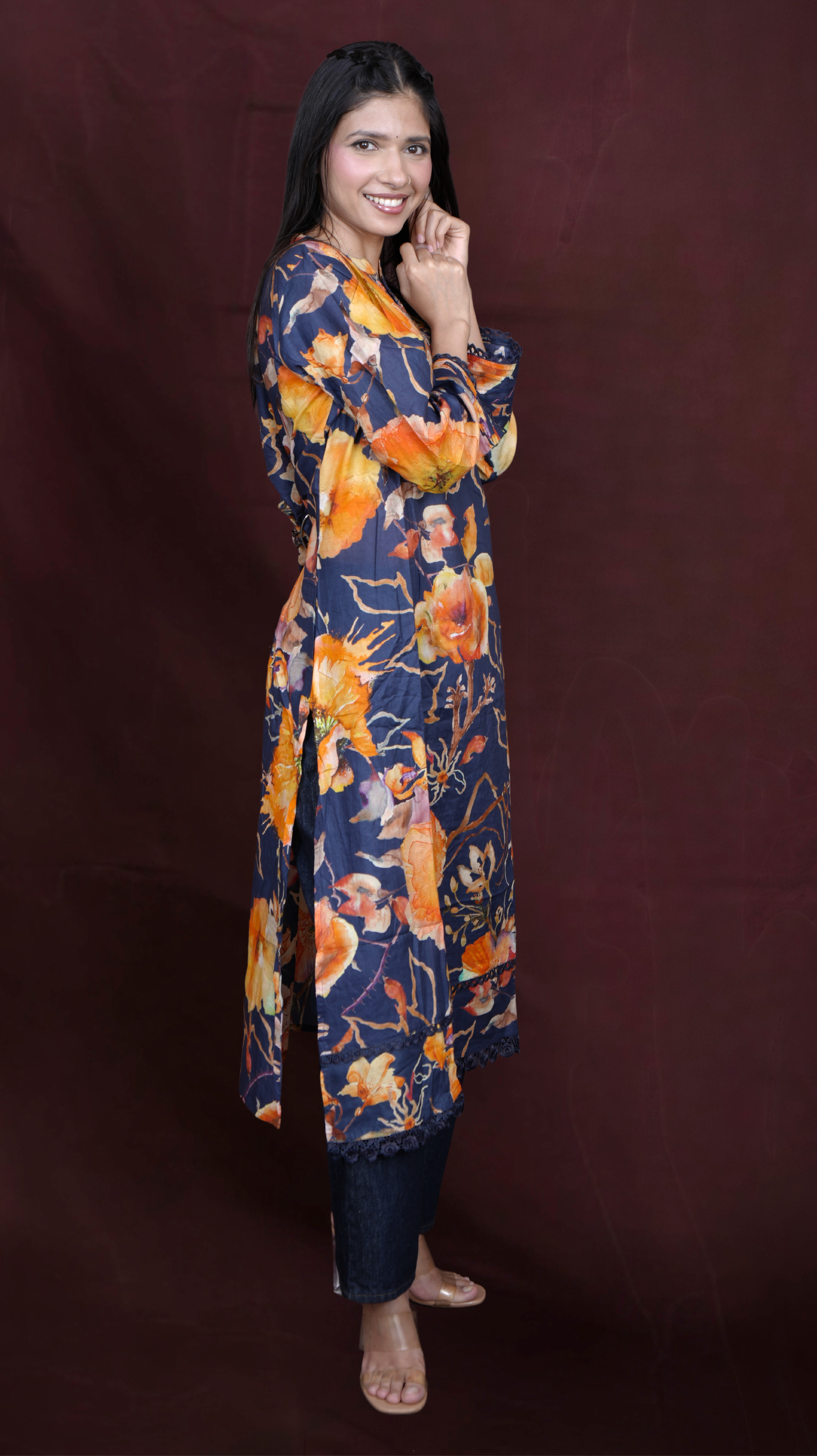Abstract Floral Printed and Embroidered Straight Kurta - Navy Blue