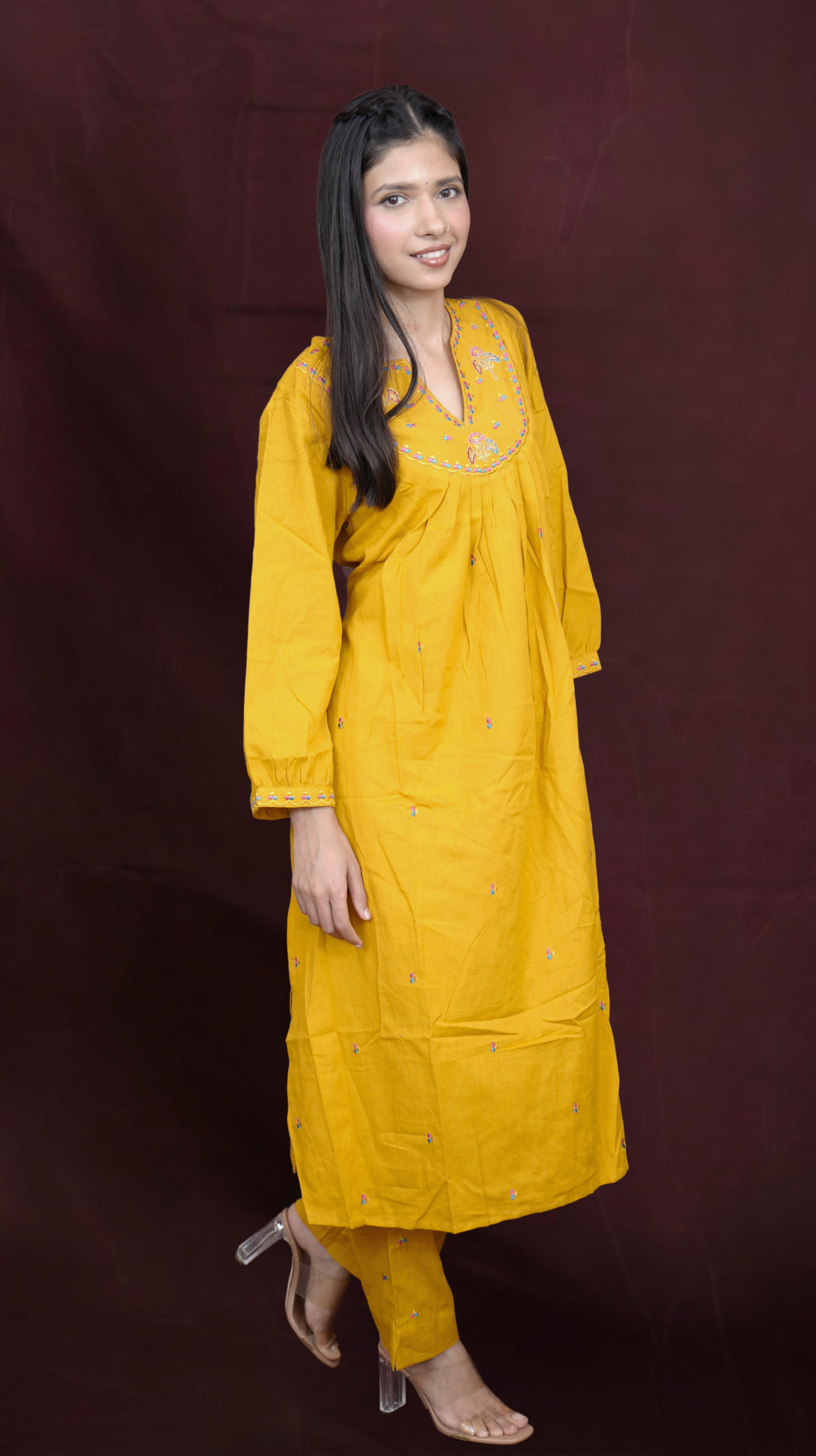 Floral hand embroidered Co-Ord Set - Mustard Yellow