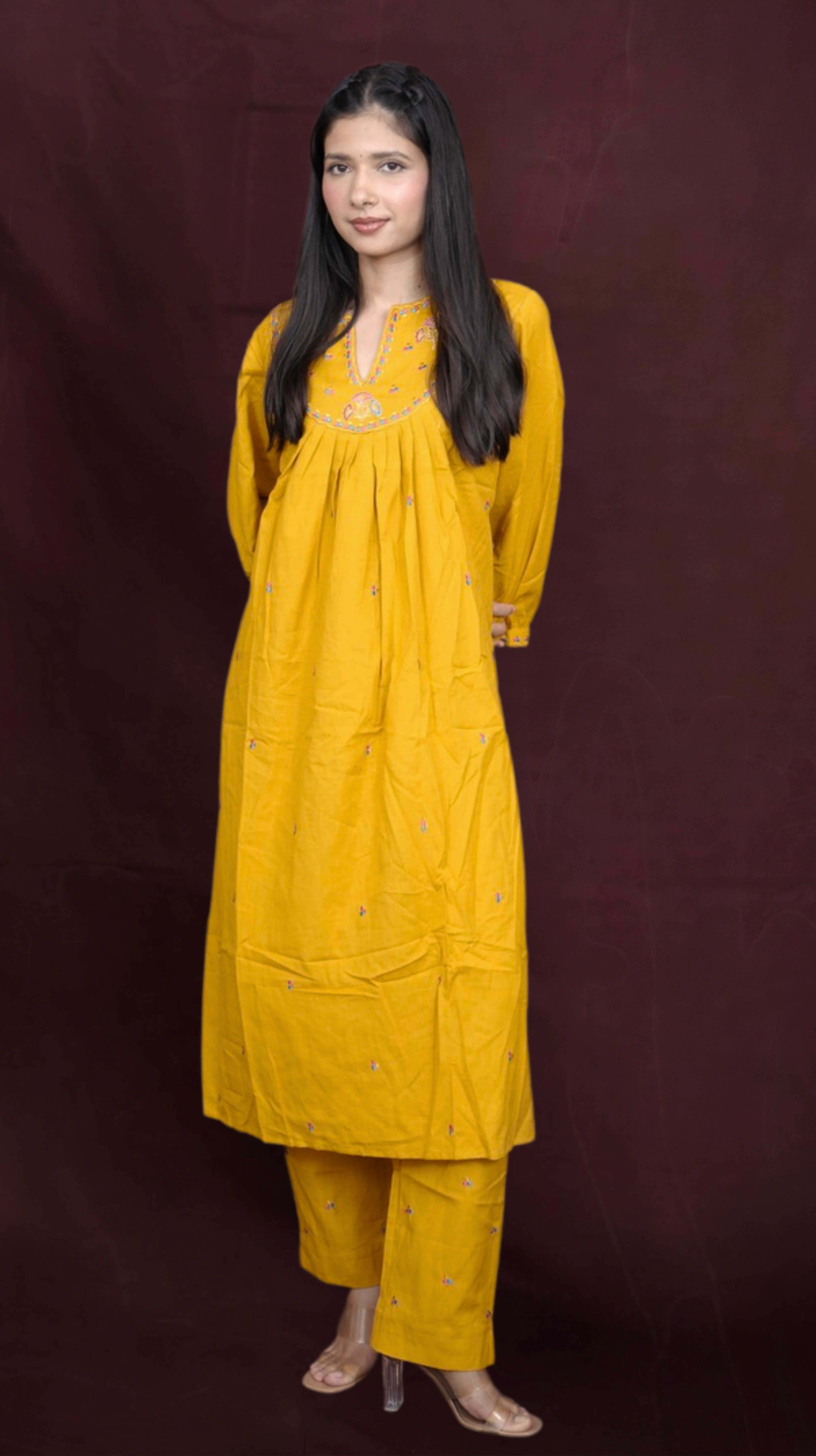 Floral hand embroidered Co-Ord Set - Mustard Yellow