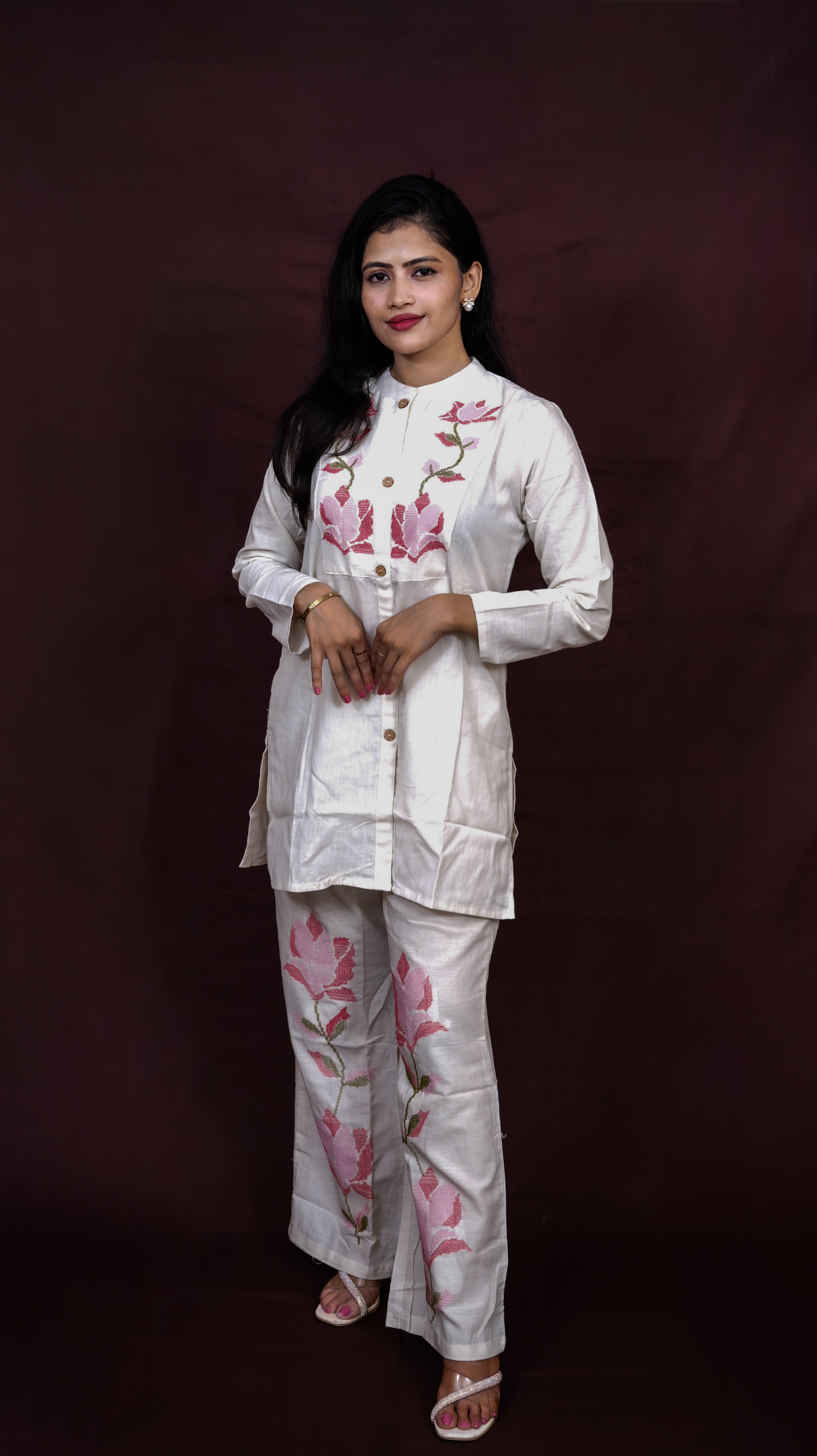 Floral Embroidered Co-ord Set - Off White