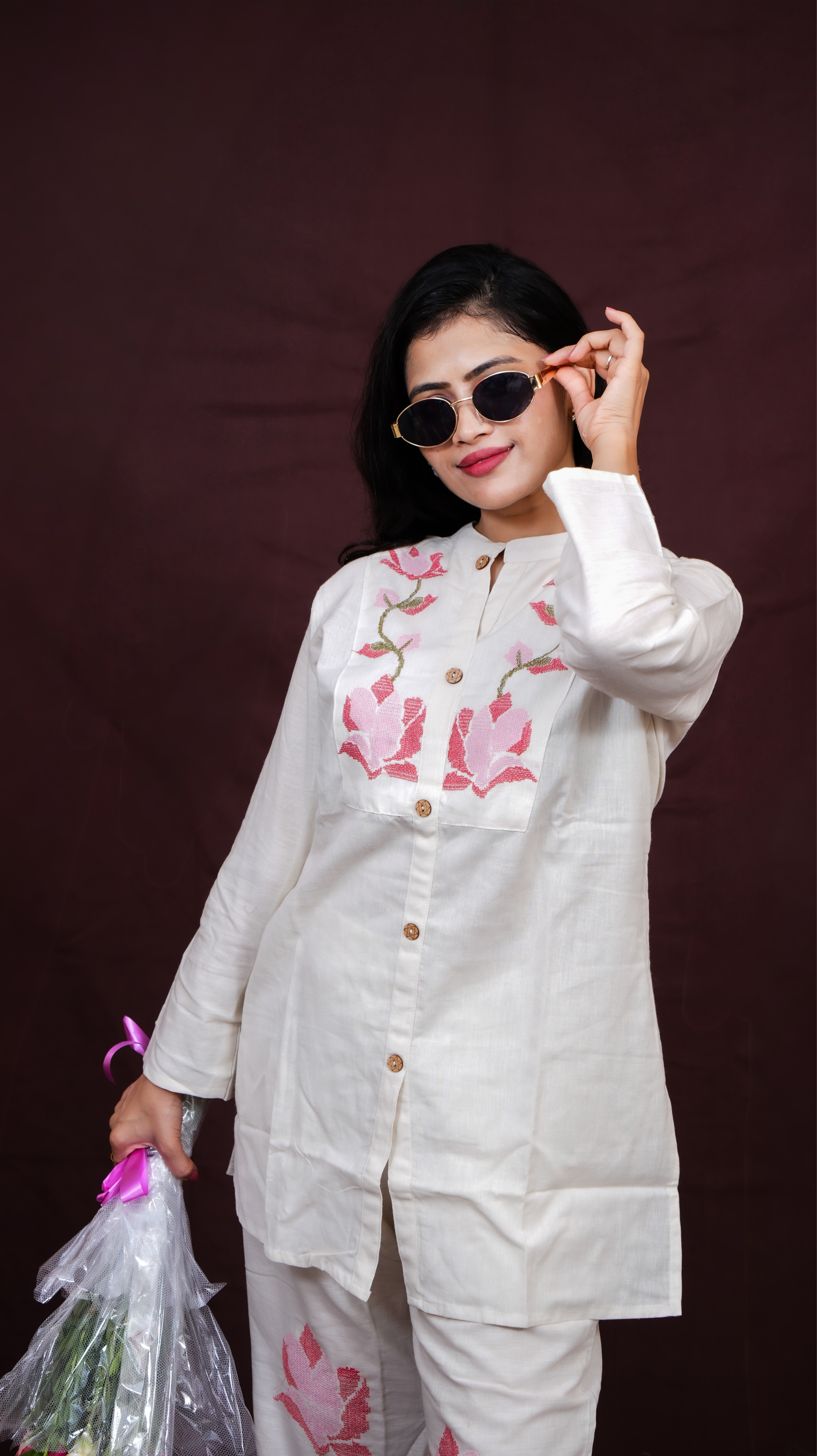 Floral Embroidered Co-ord Set - Off White