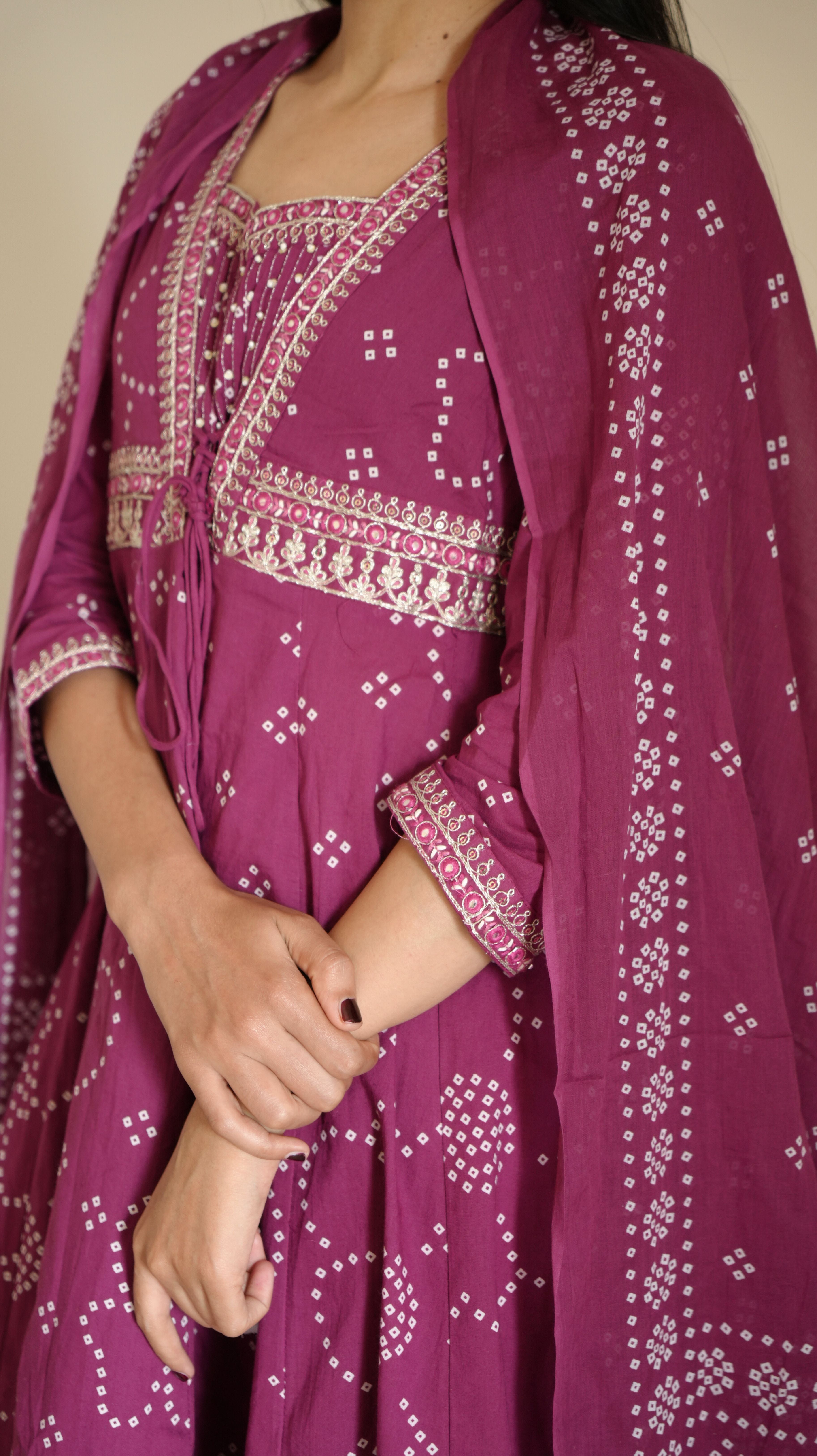 Ethnic Bandhani Printed and Embroidered Kurta with Solid Pant and Printed Dupatta - Dark Mauve