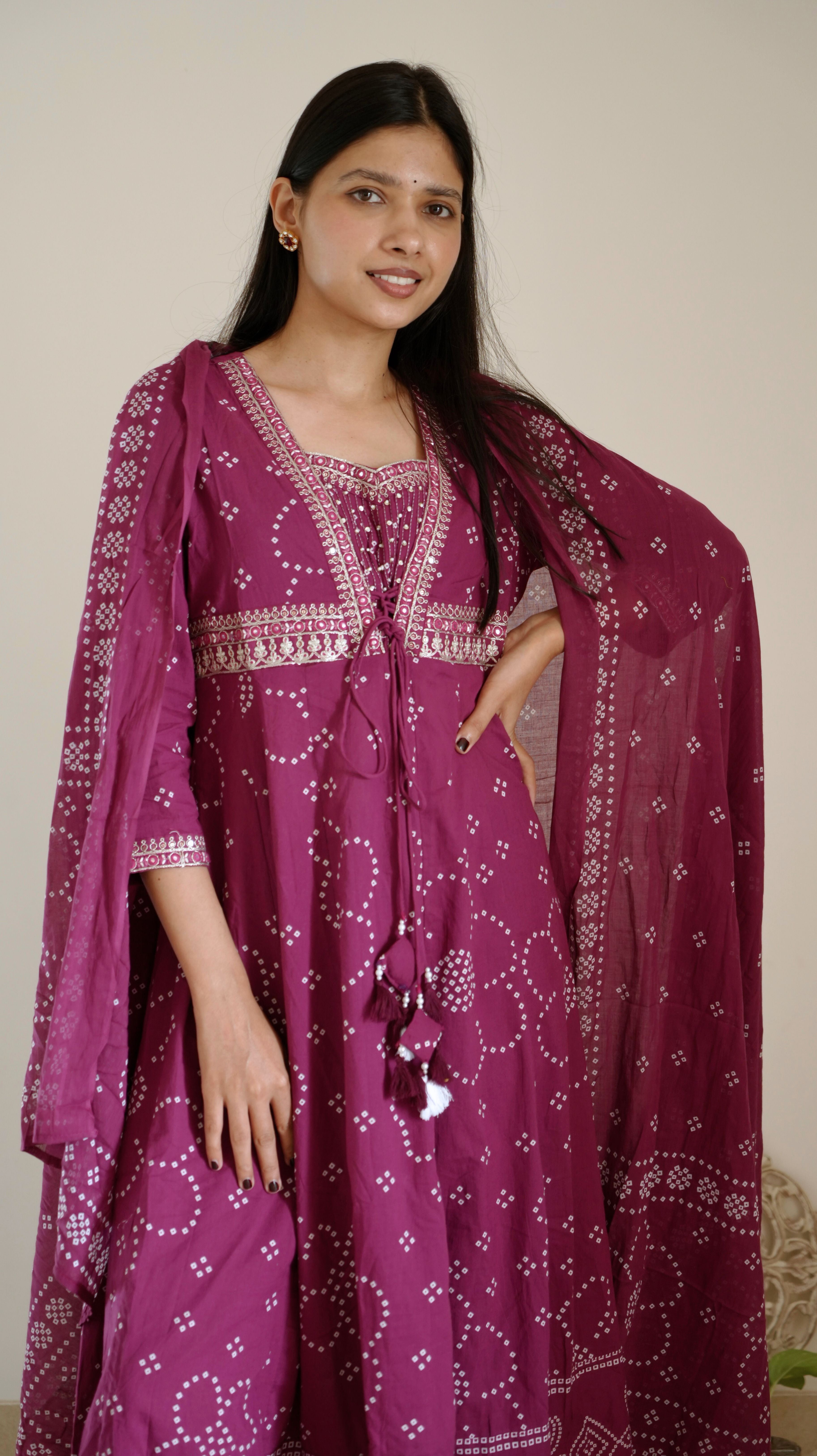 Ethnic Bandhani Printed and Embroidered Kurta with Solid Pant and Printed Dupatta - Dark Mauve