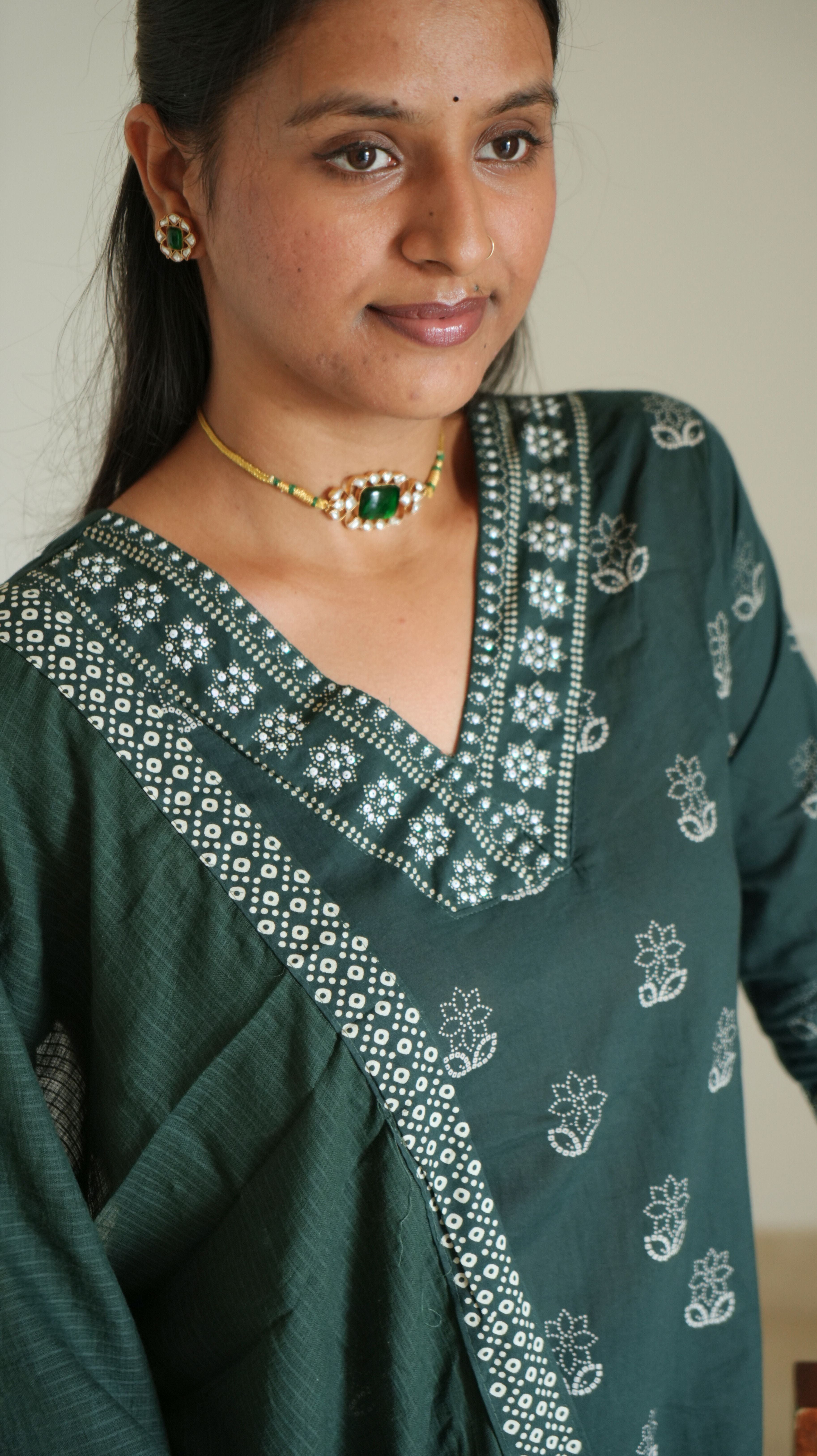 Ethnic Printed and Embroidered Kurta Set with Dupatta - Deep Green