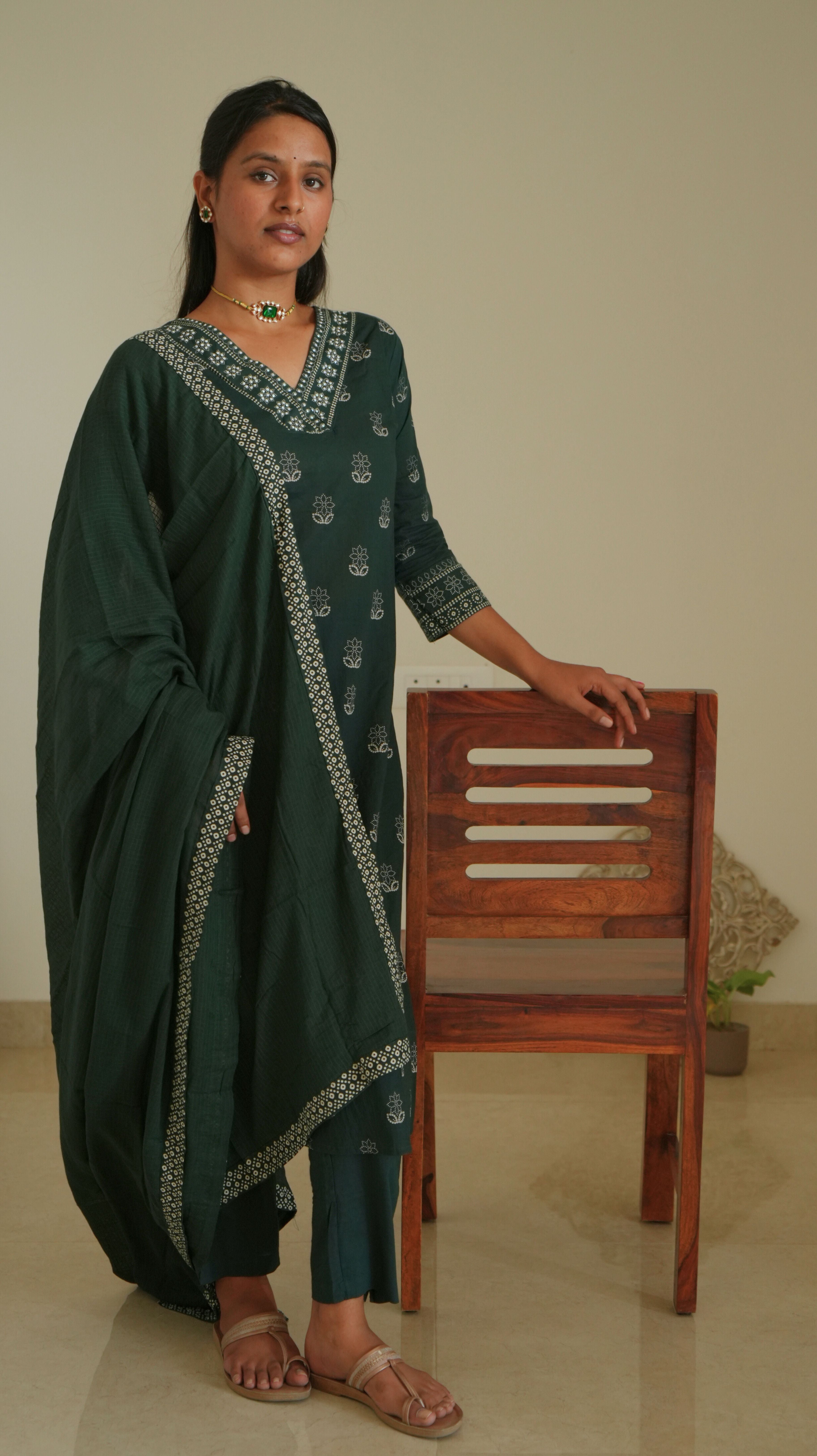 Ethnic Printed and Embroidered Kurta Set with Dupatta - Deep Green