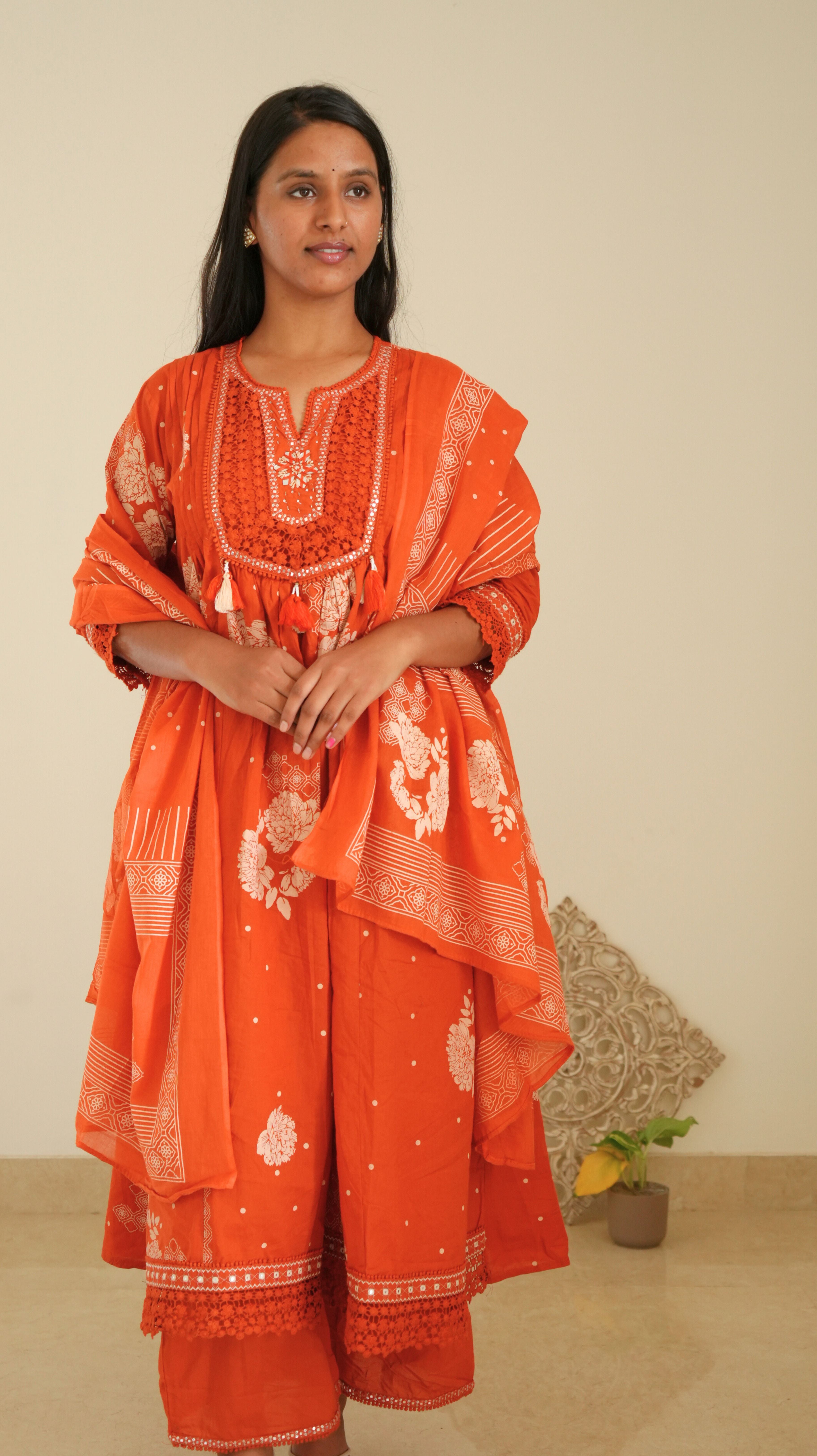 Floral Printed and Embroidered Kurta Set with Dupatta - Rust