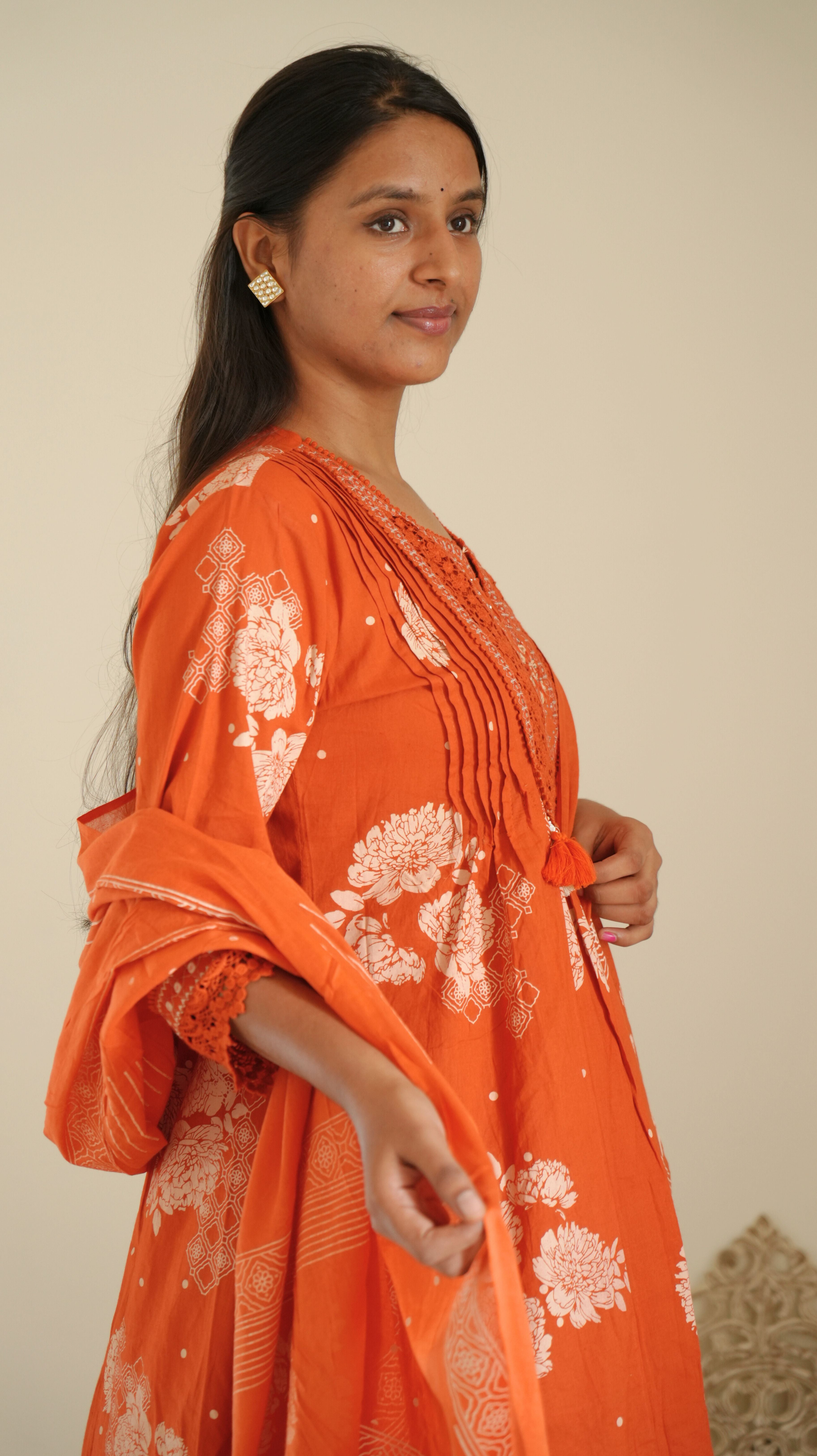 Floral Printed and Embroidered Kurta Set with Dupatta - Rust