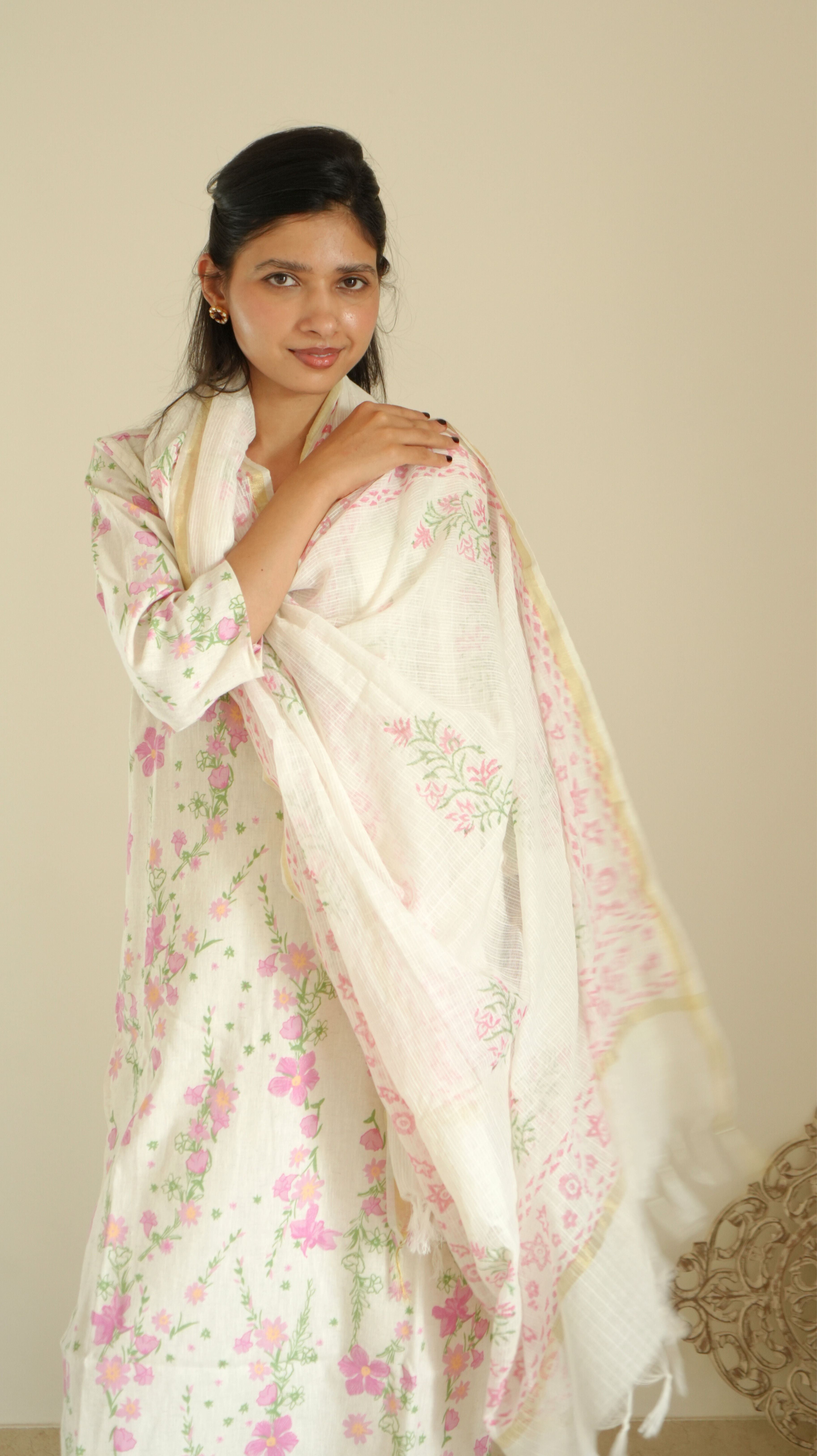 Floral Printed and Embroidered Kurta Set with Dupatta - Off White