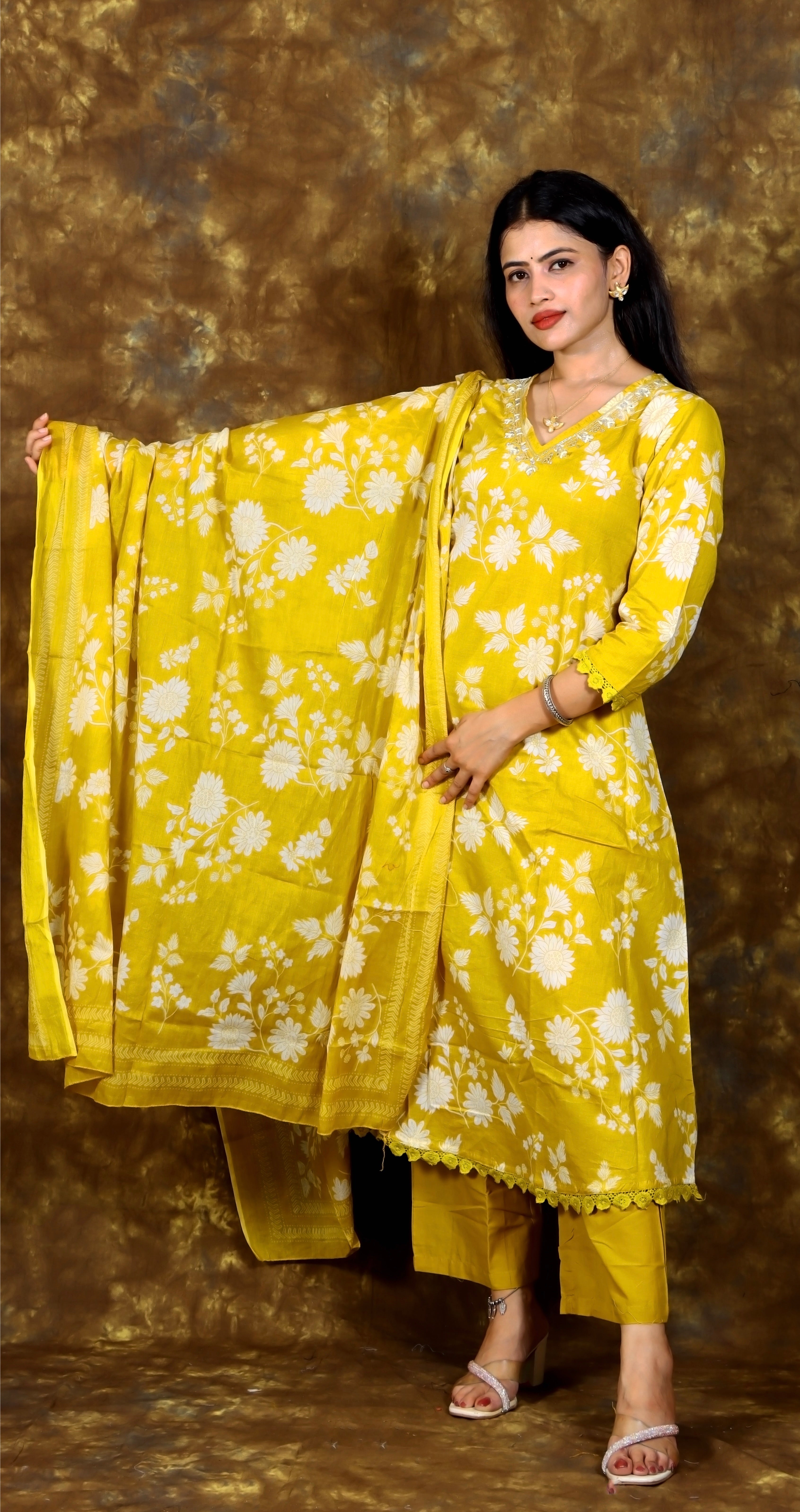 Floral Printed and Embroidered Kurta with Solid Pant and Printed Dupatta - Mustard Green