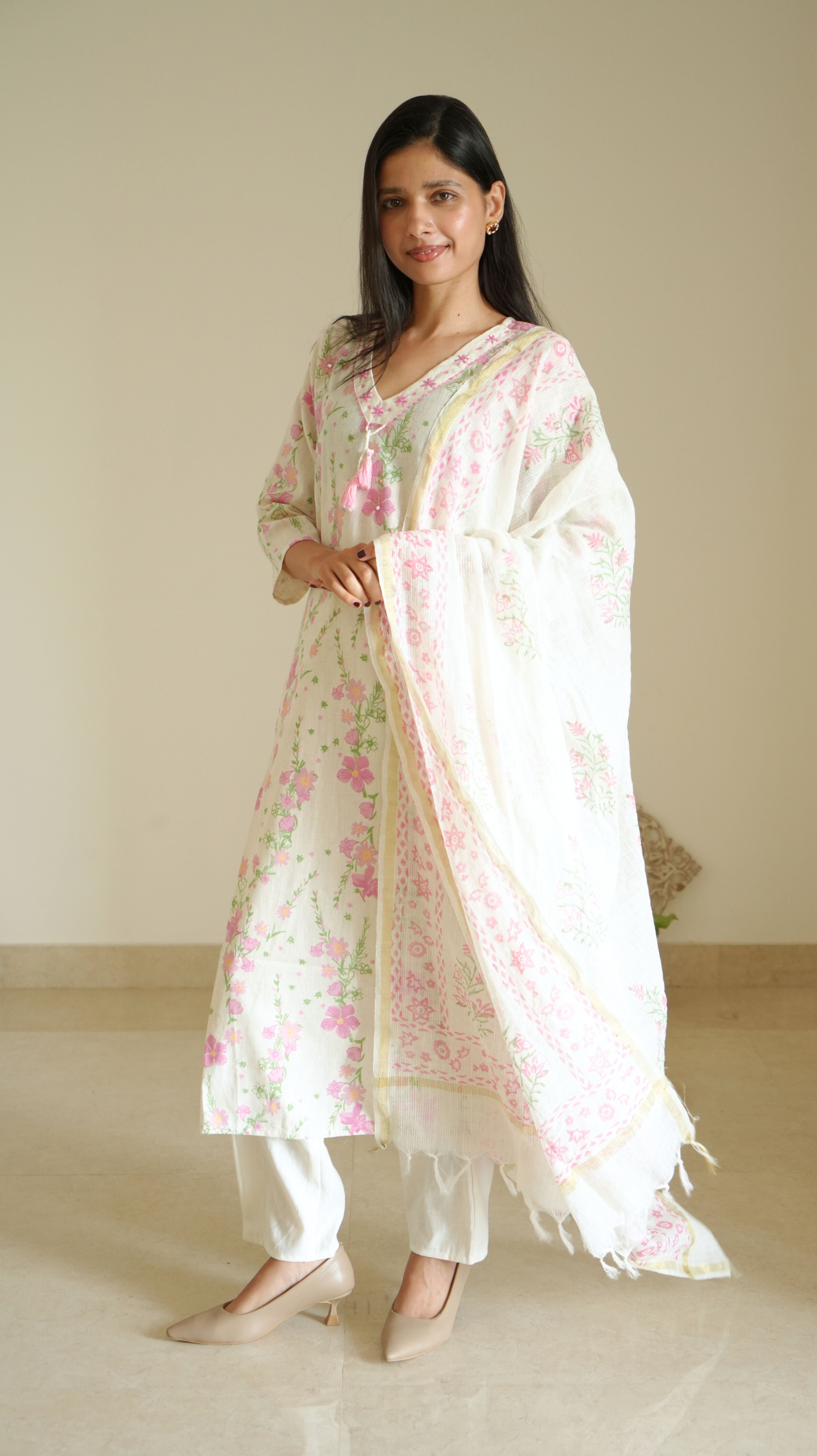 Floral Printed and Embroidered Kurta Set with Dupatta - Off White