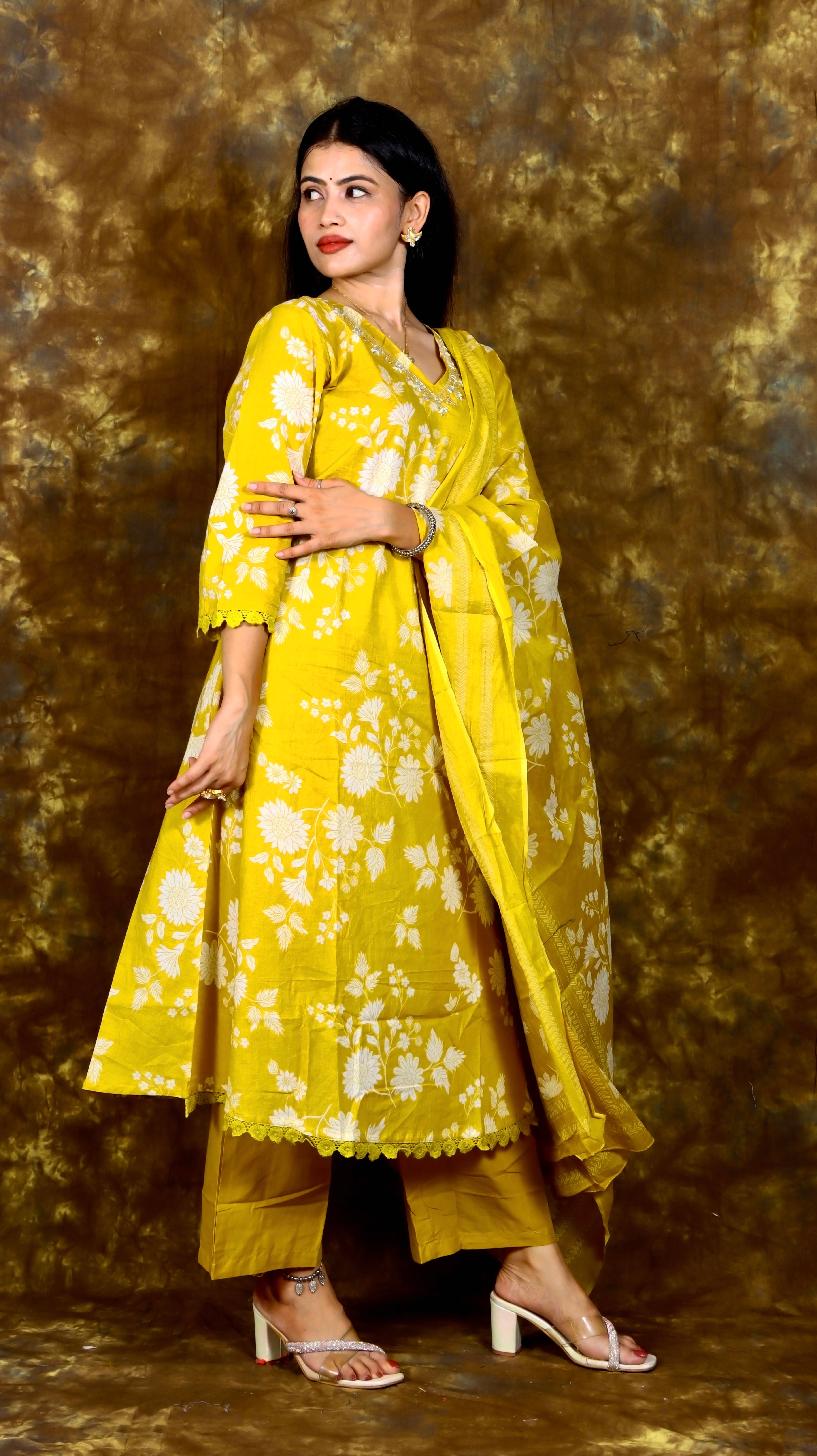 Floral Printed and Embroidered Kurta with Solid Pant and Printed Dupatta - Mustard Green