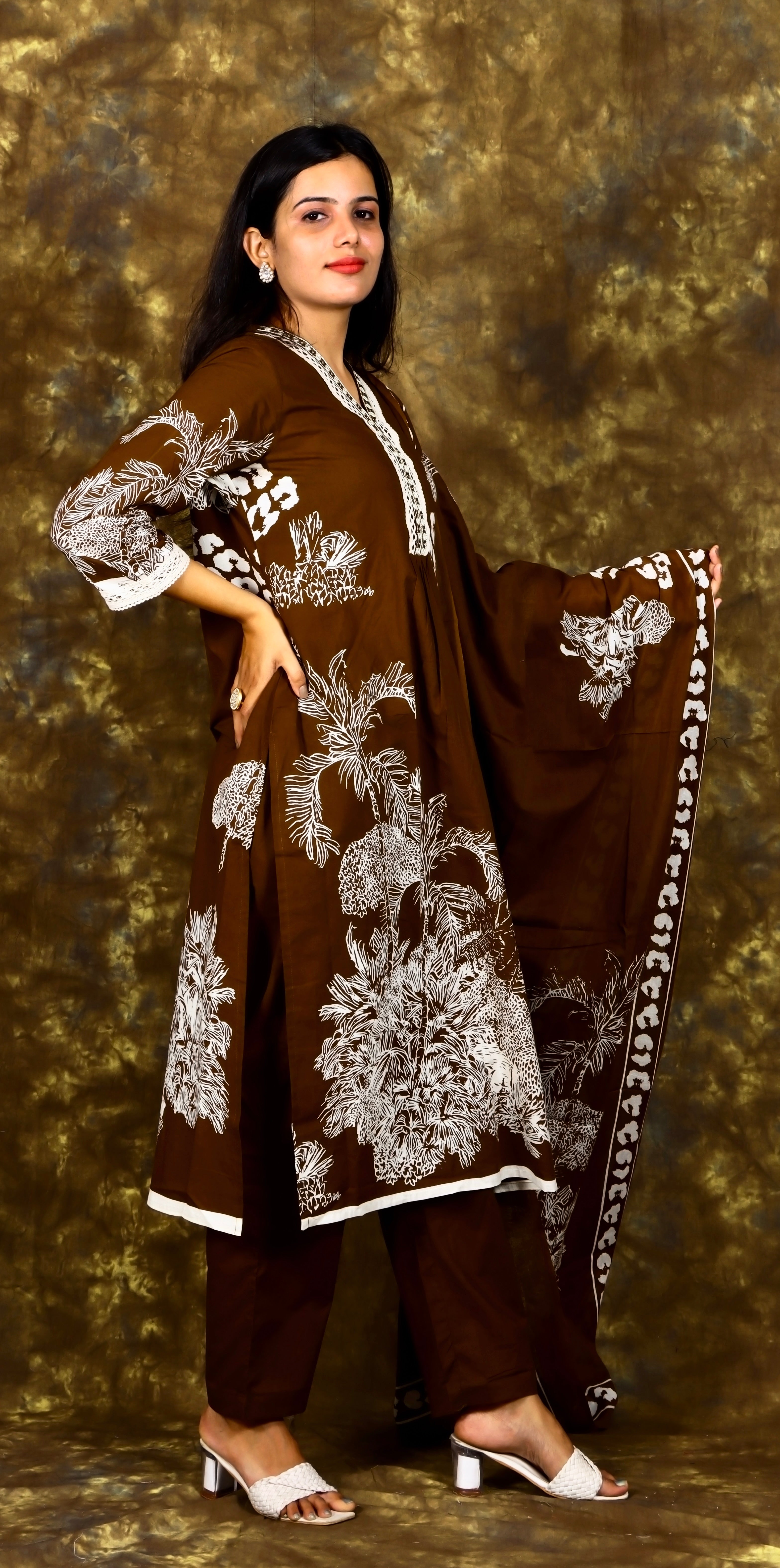 Abstract Floral Printed and Embroidered Kurta with Pant and Dupatta - Brown