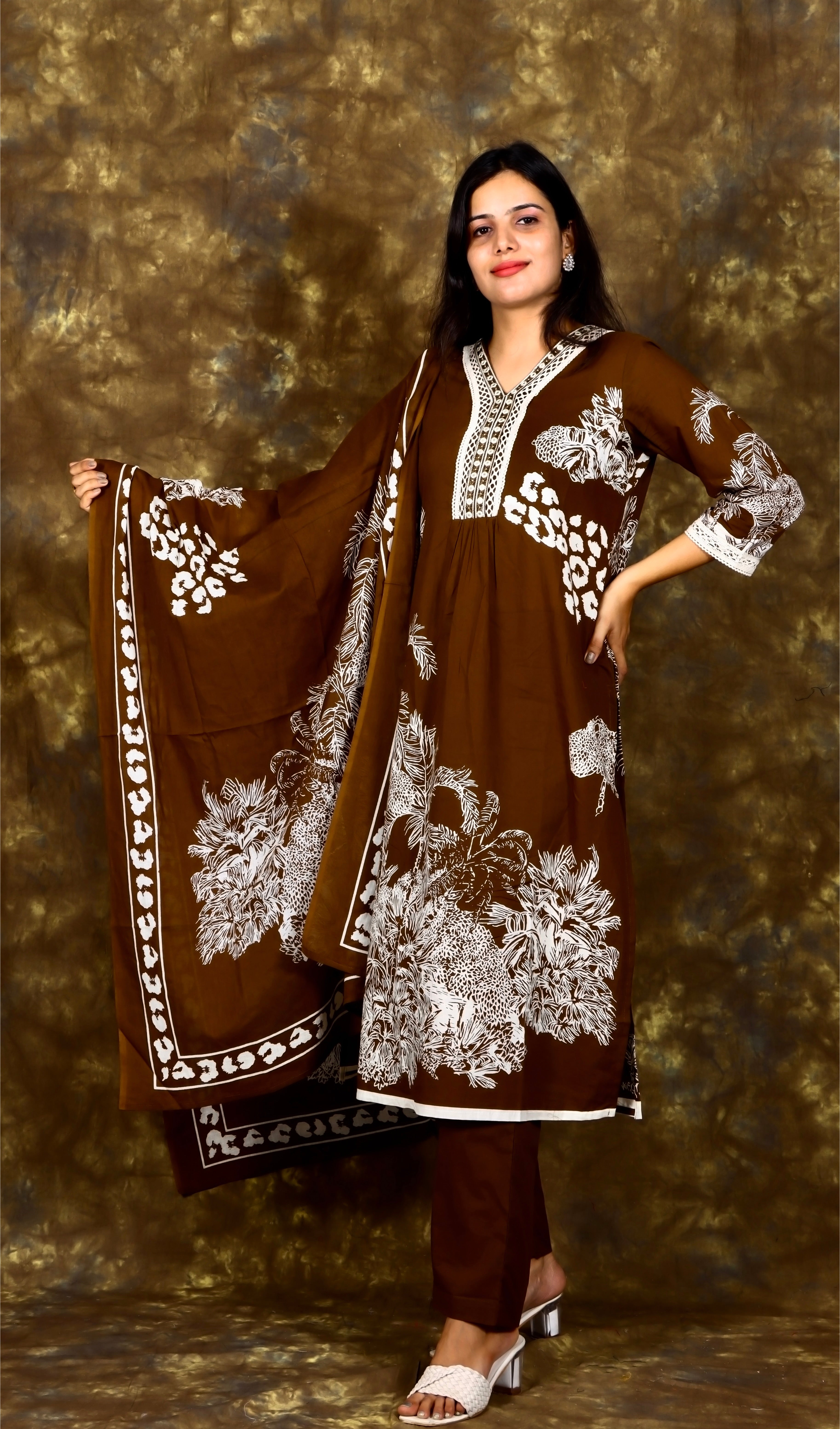 Abstract Floral Printed and Embroidered Kurta with Pant and Dupatta - Brown