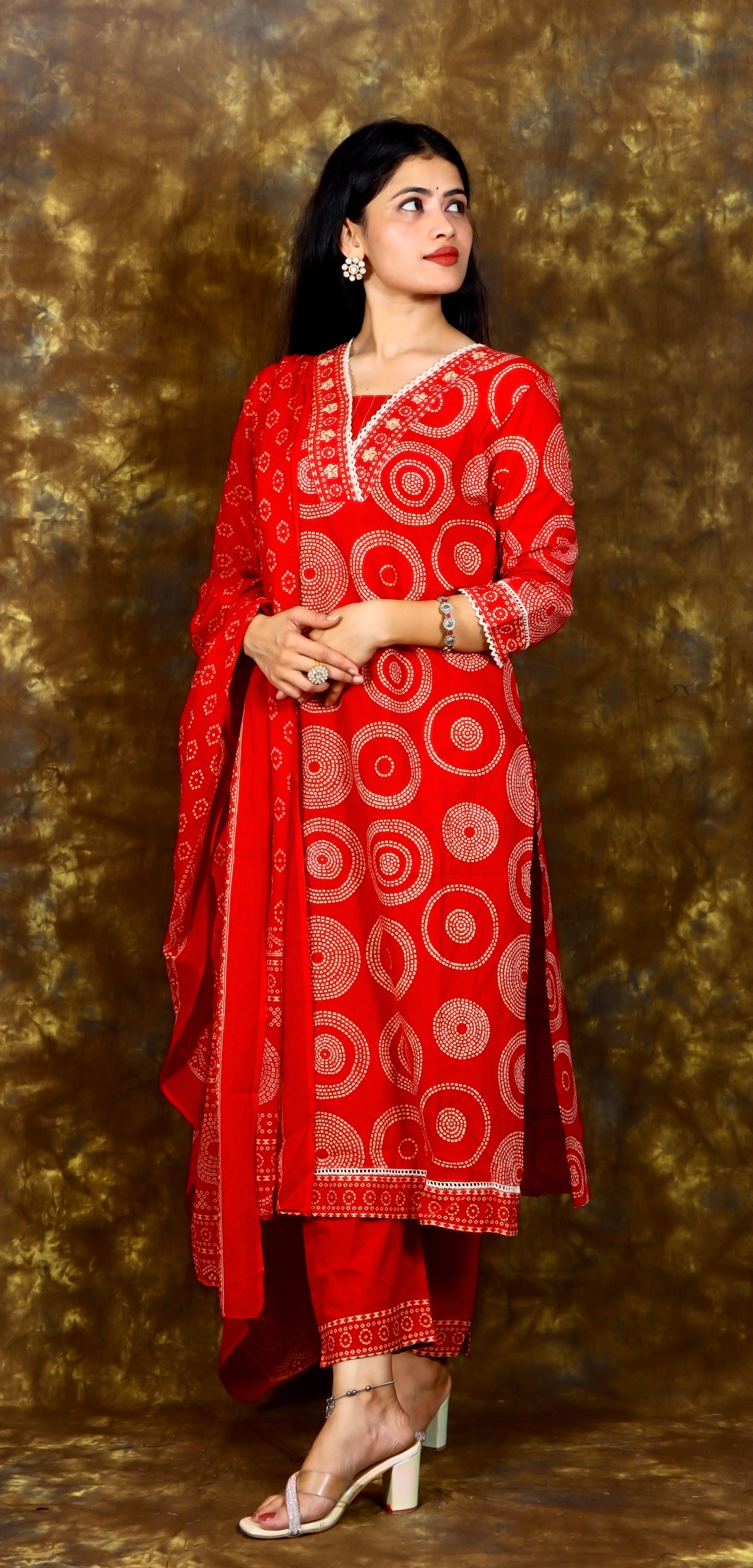 Bandhani Printed and Mirror & Sequins Embroidered Kurta with Pant and Dupatta - Magenta