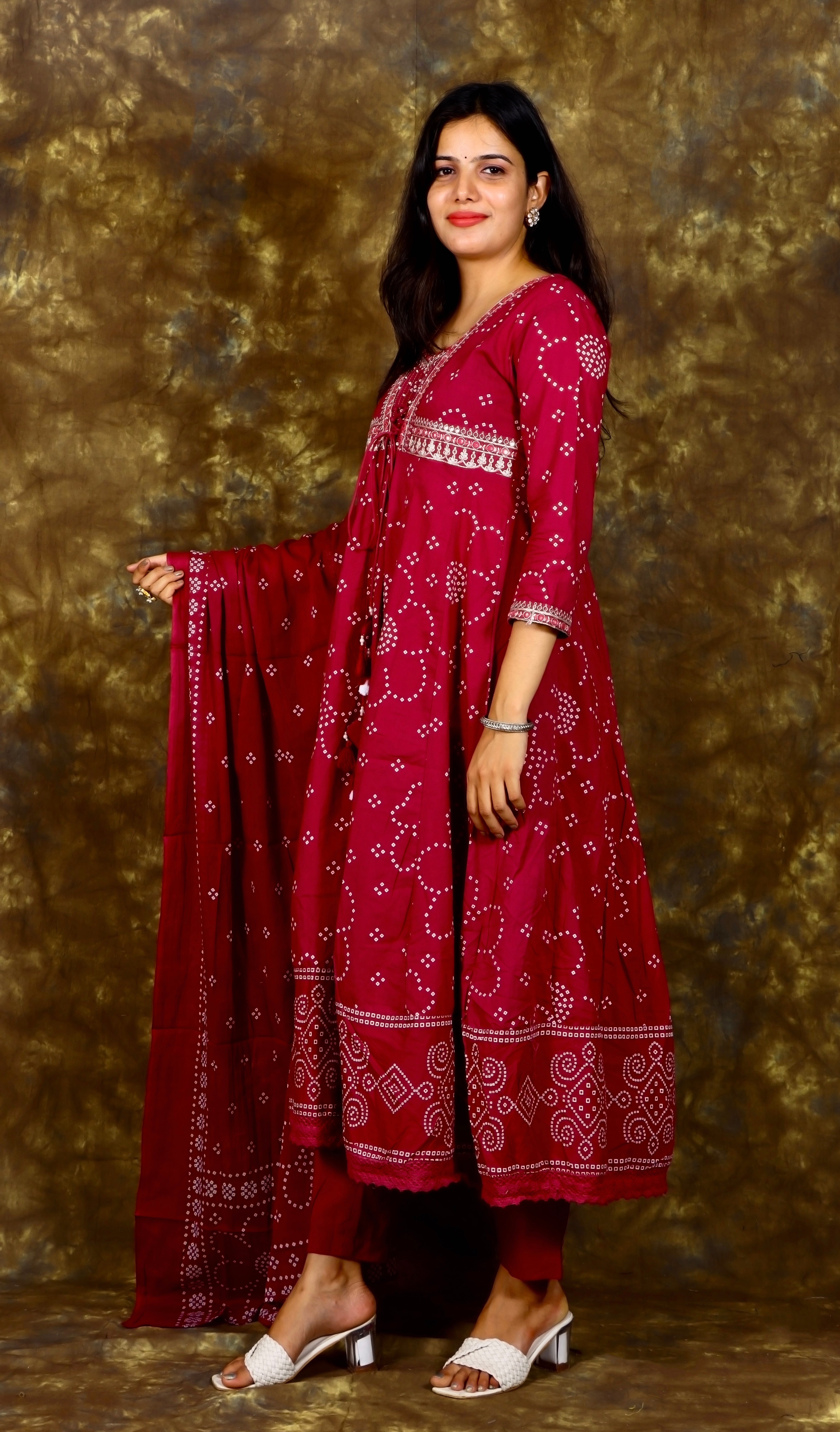 Ethnic Bandhani Printed and Embroidered Kurta with Solid Pant and Printed Dupatta - Dark Mauve