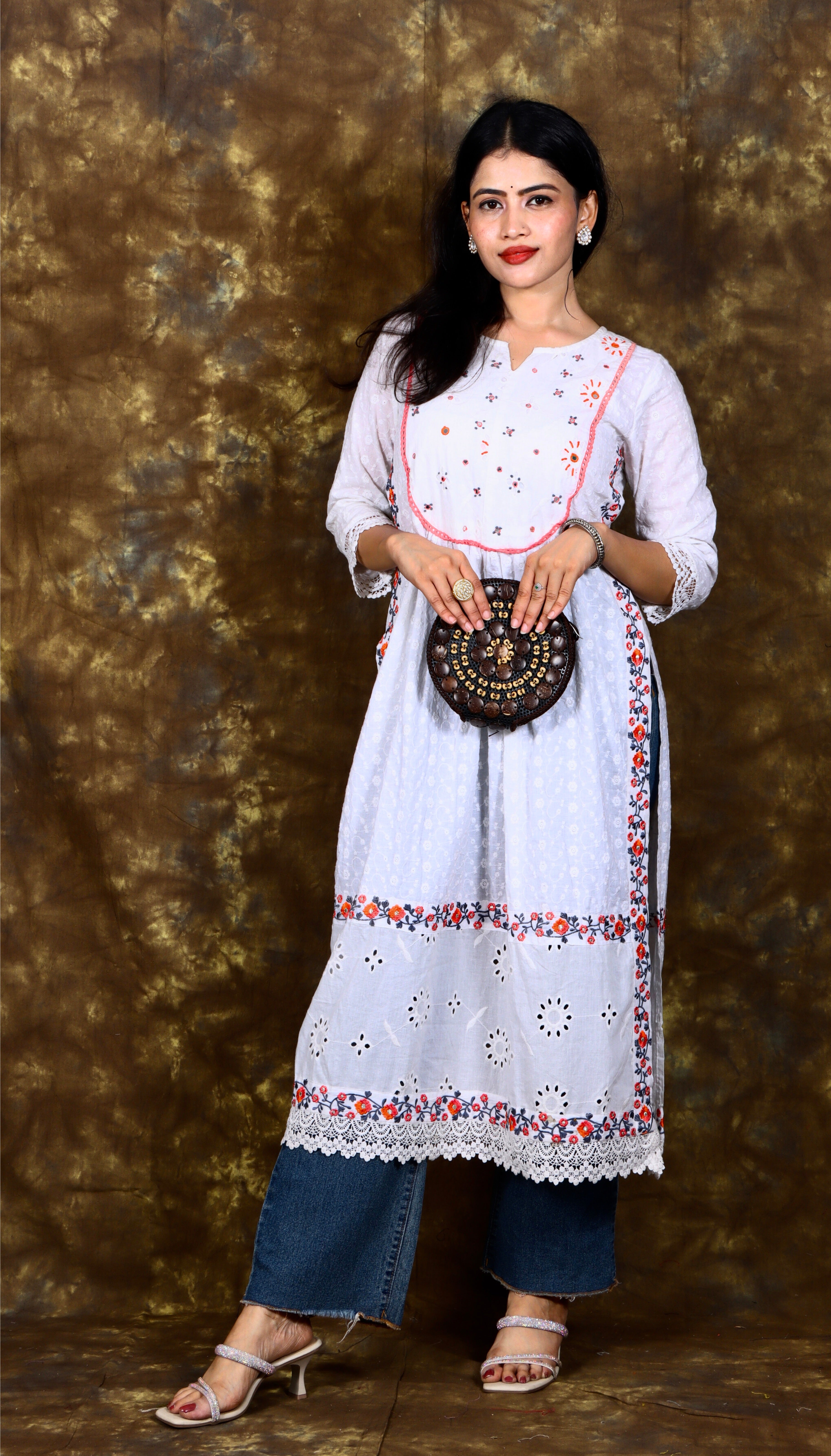 Floral Chikankari & Schiffli Embroidered Pleated A-line Kurta - White