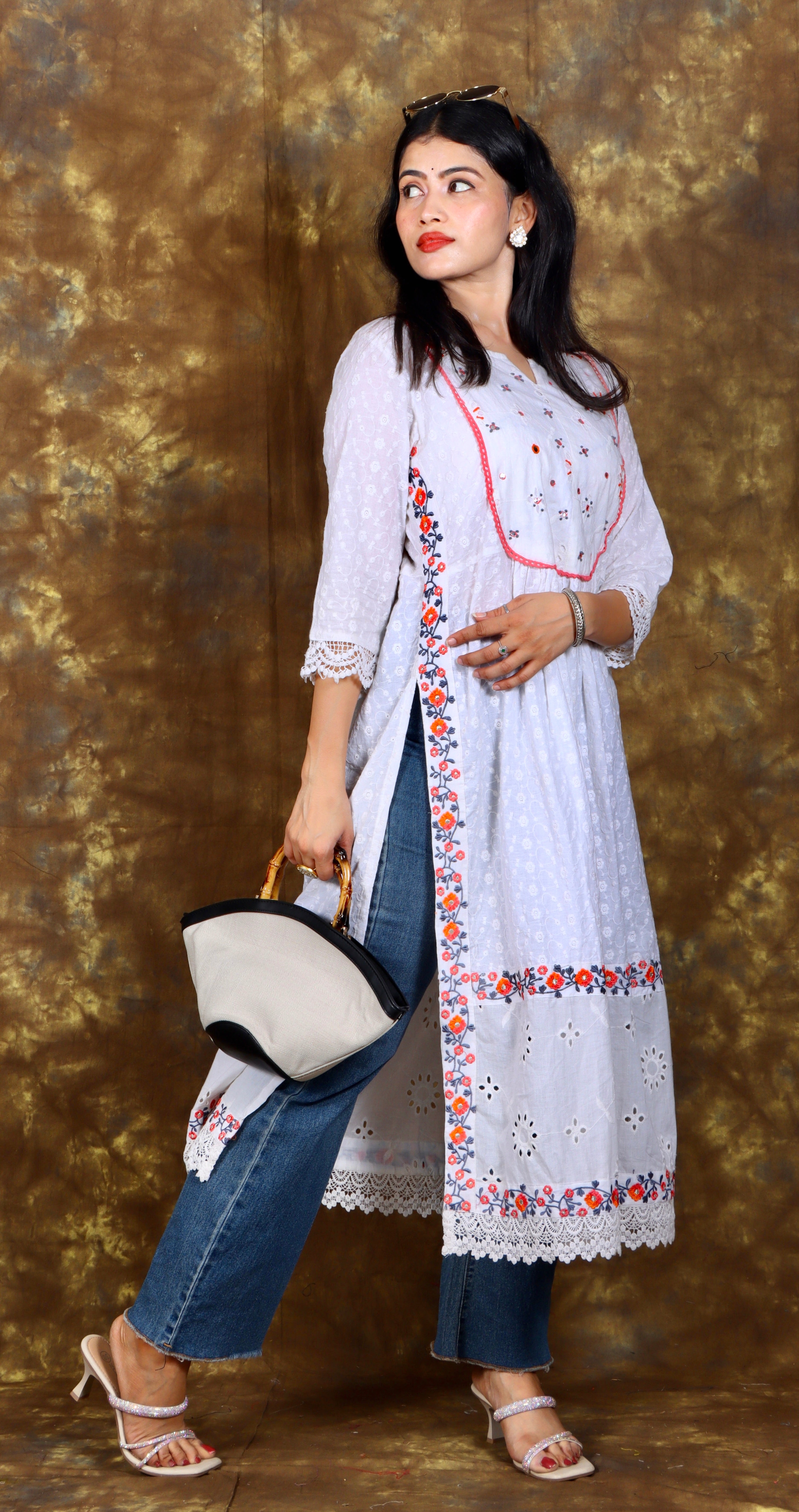 Floral Chikankari & Schiffli Embroidered Pleated A-line Kurta - White
