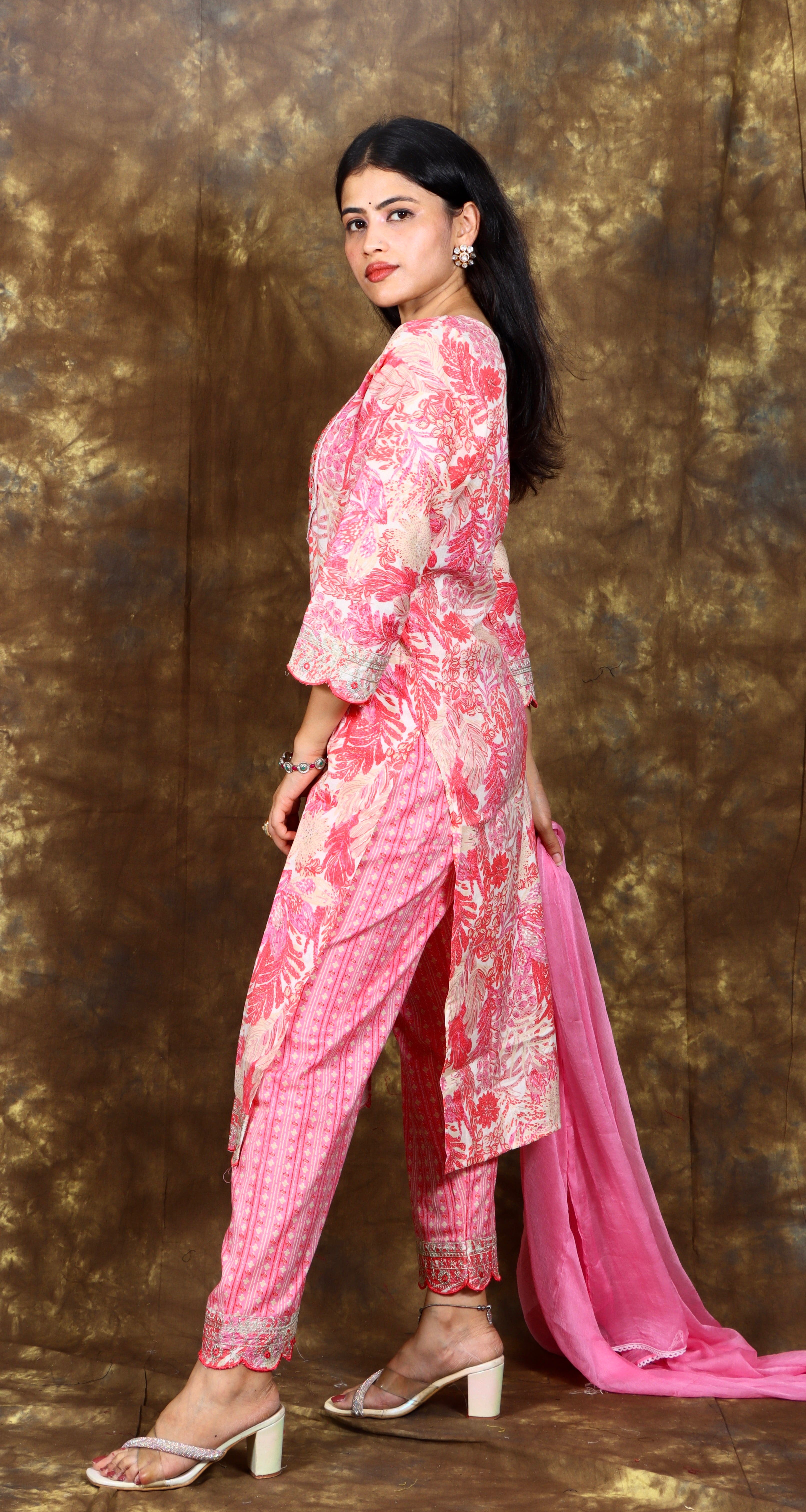 Ethnic Floral Printed and Mirror Embroidered Kurta with Pant and Dupatta - Pink