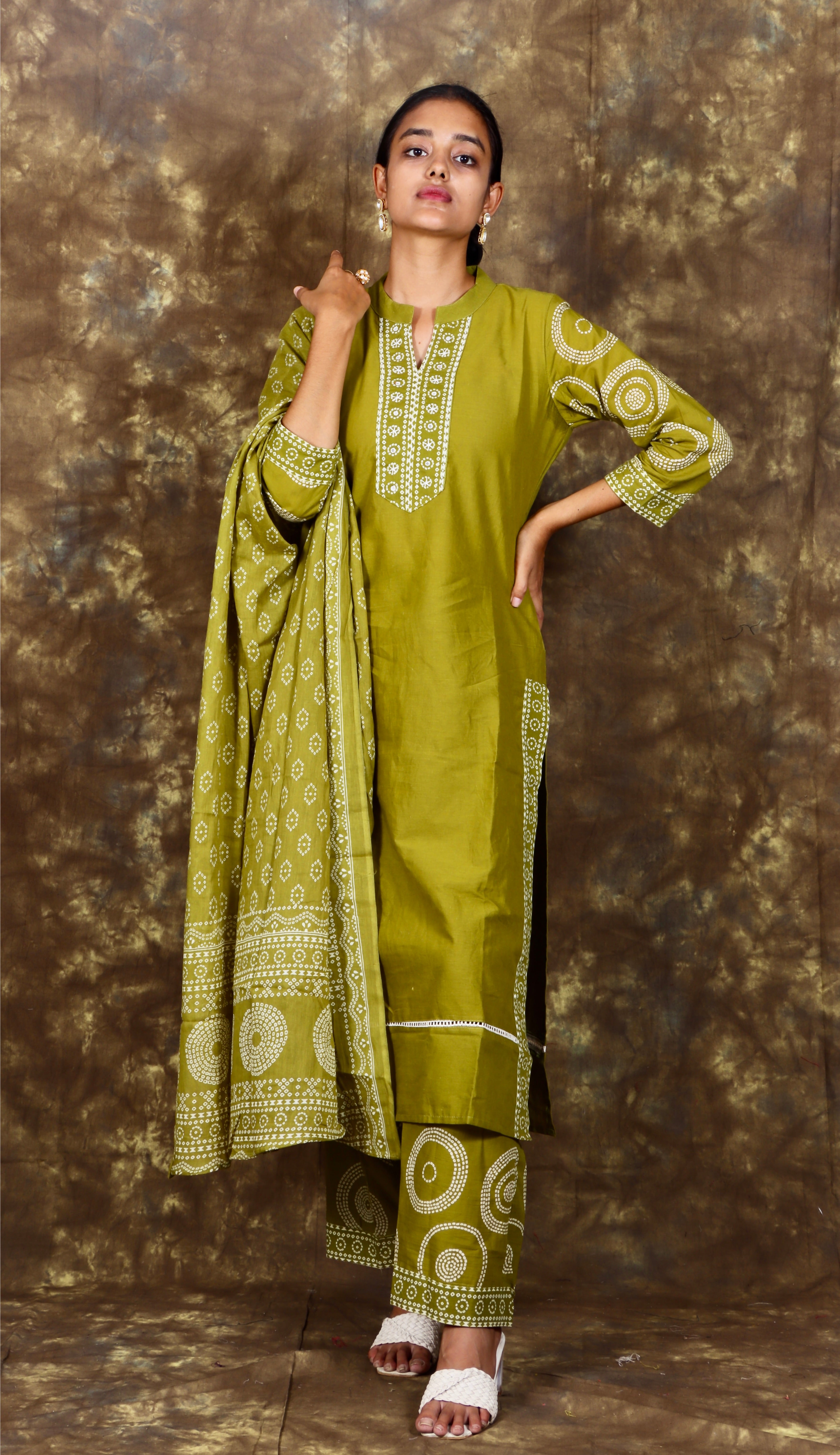 Bandhani Printed and Mirror Work Kurta with Palazzo and Dupatta - Olive Green