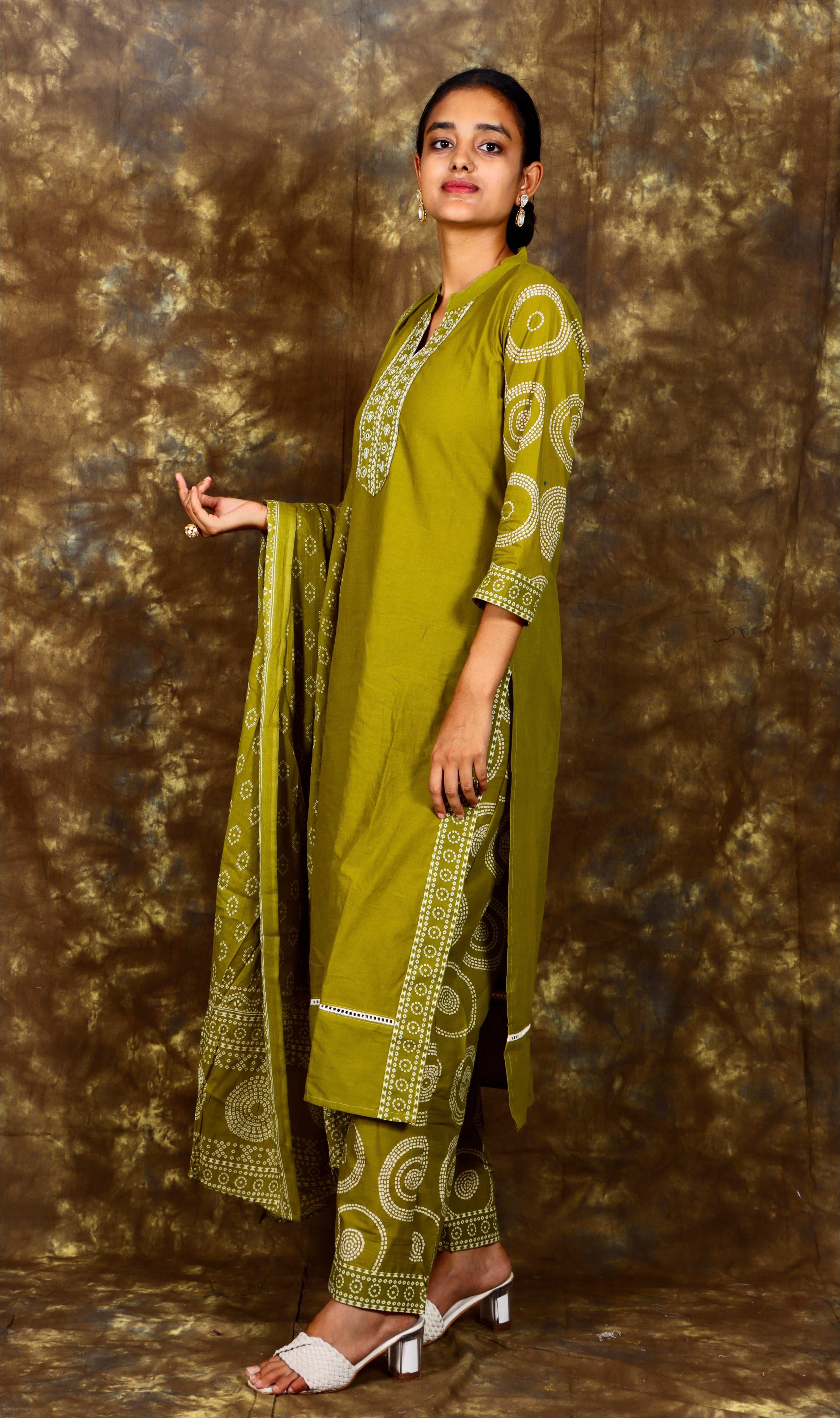 Bandhani Printed and Mirror Work Kurta with Palazzo and Dupatta - Olive Green