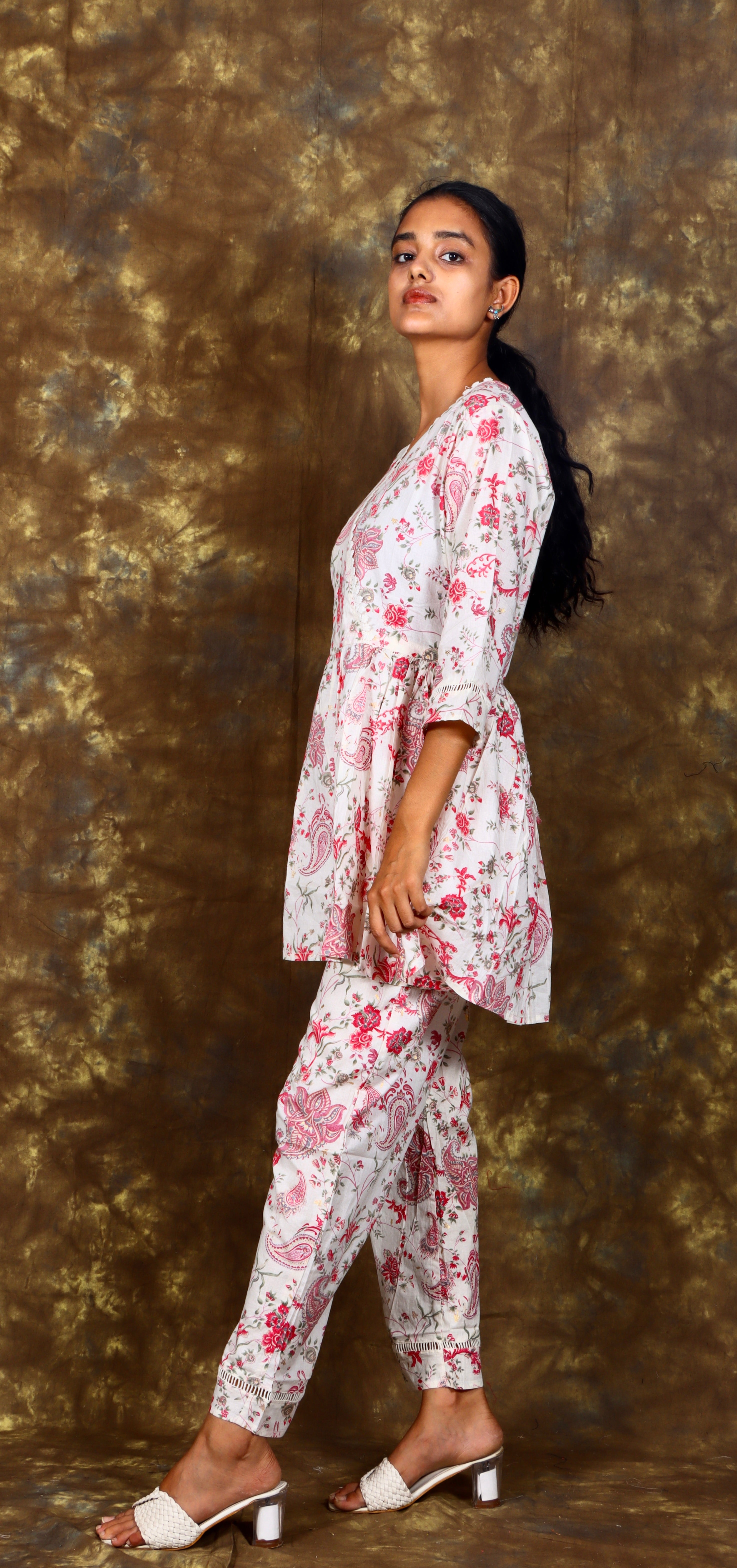 Ethnic Floral Printed and Embroidered Co-Ord Set - Cream