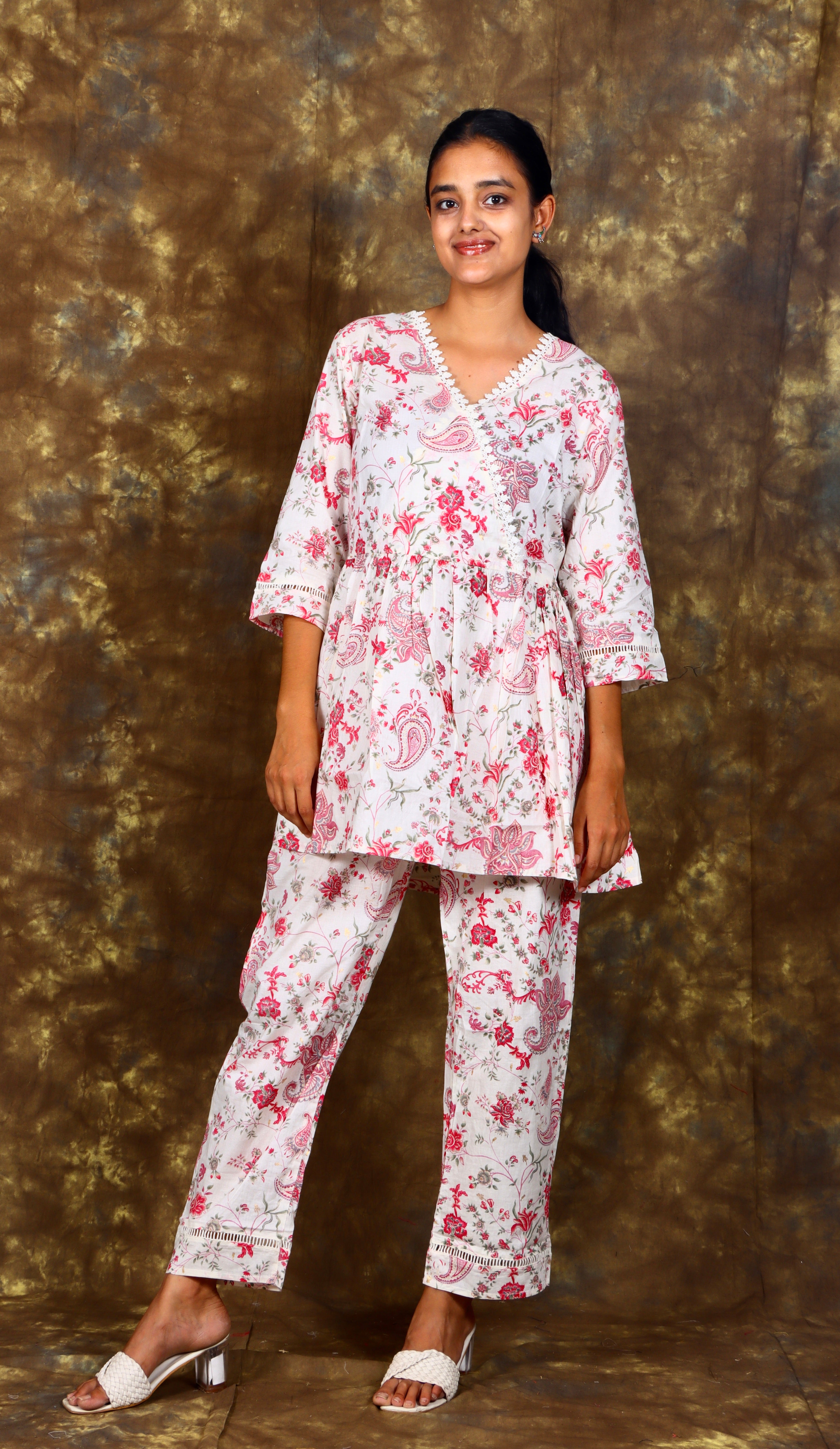 Ethnic Floral Printed and Embroidered Co-Ord Set - Cream