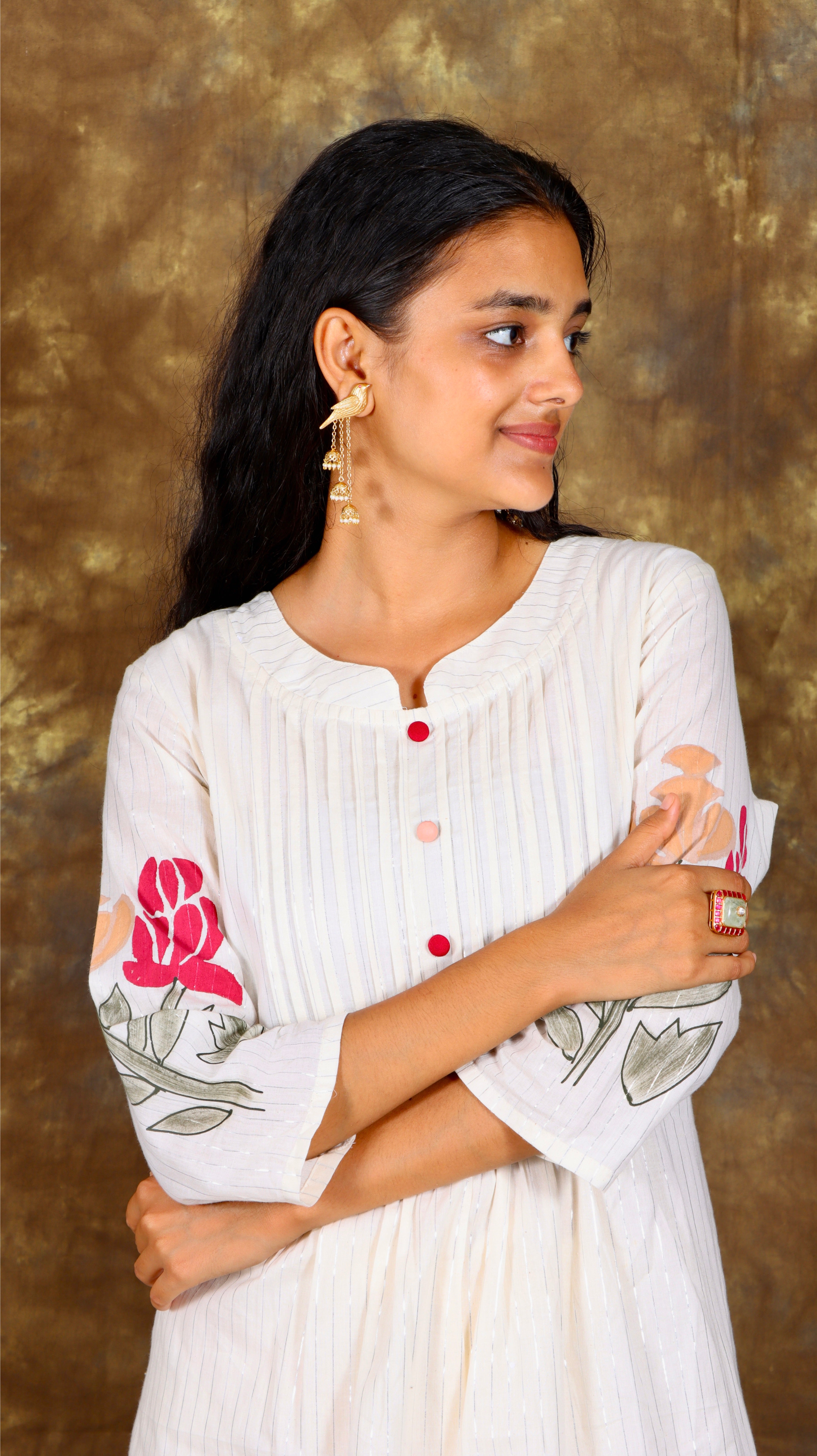 Floral Hand Printed A-line Pleated Co-Ords Set - Off White