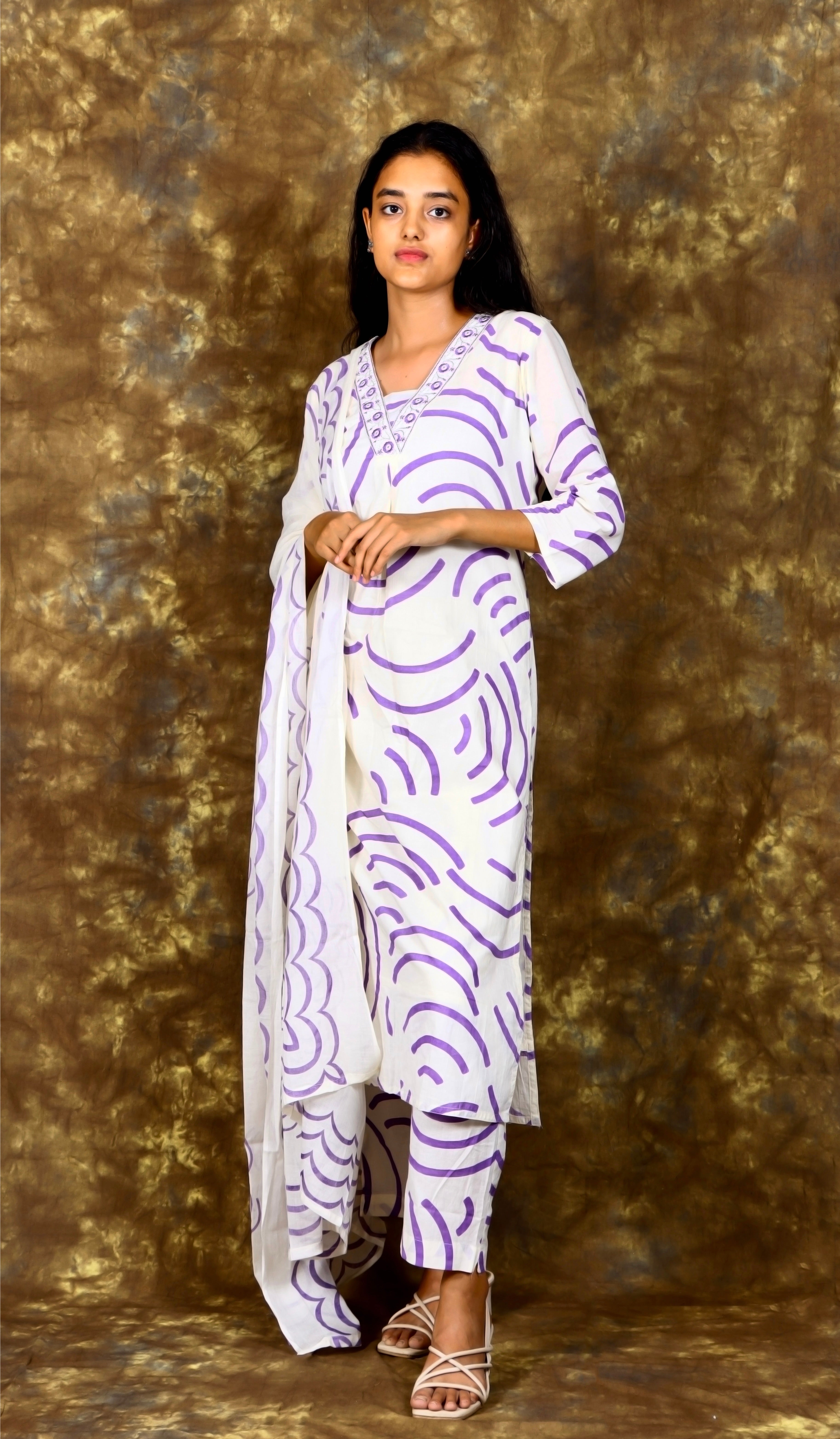 Wifi Printed and Embroidered Kurta with Pant and Dupatta - Off White