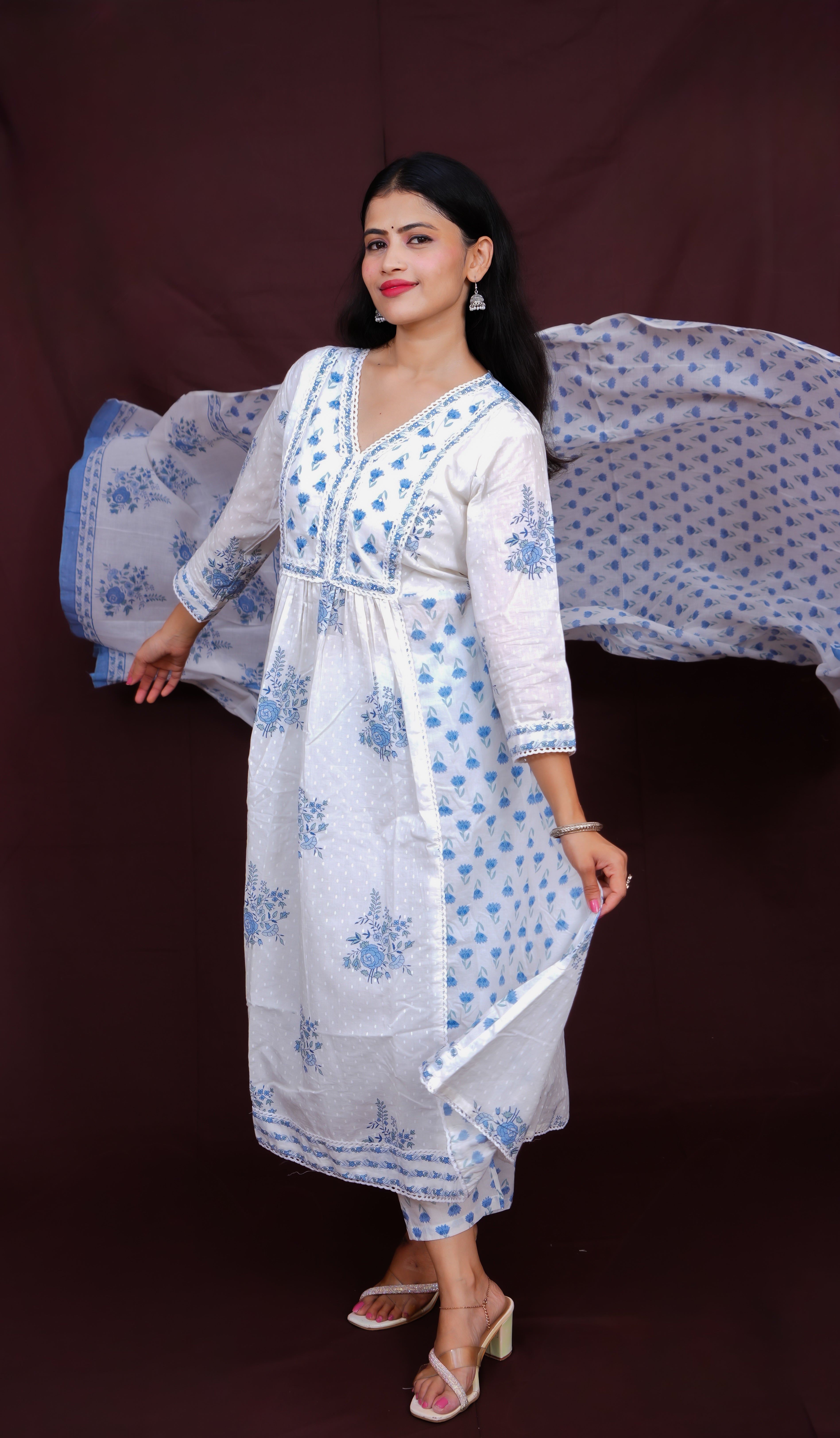 Floral Printed and Embroidered Kurta with Solid Pant and Printed Dupatta - White