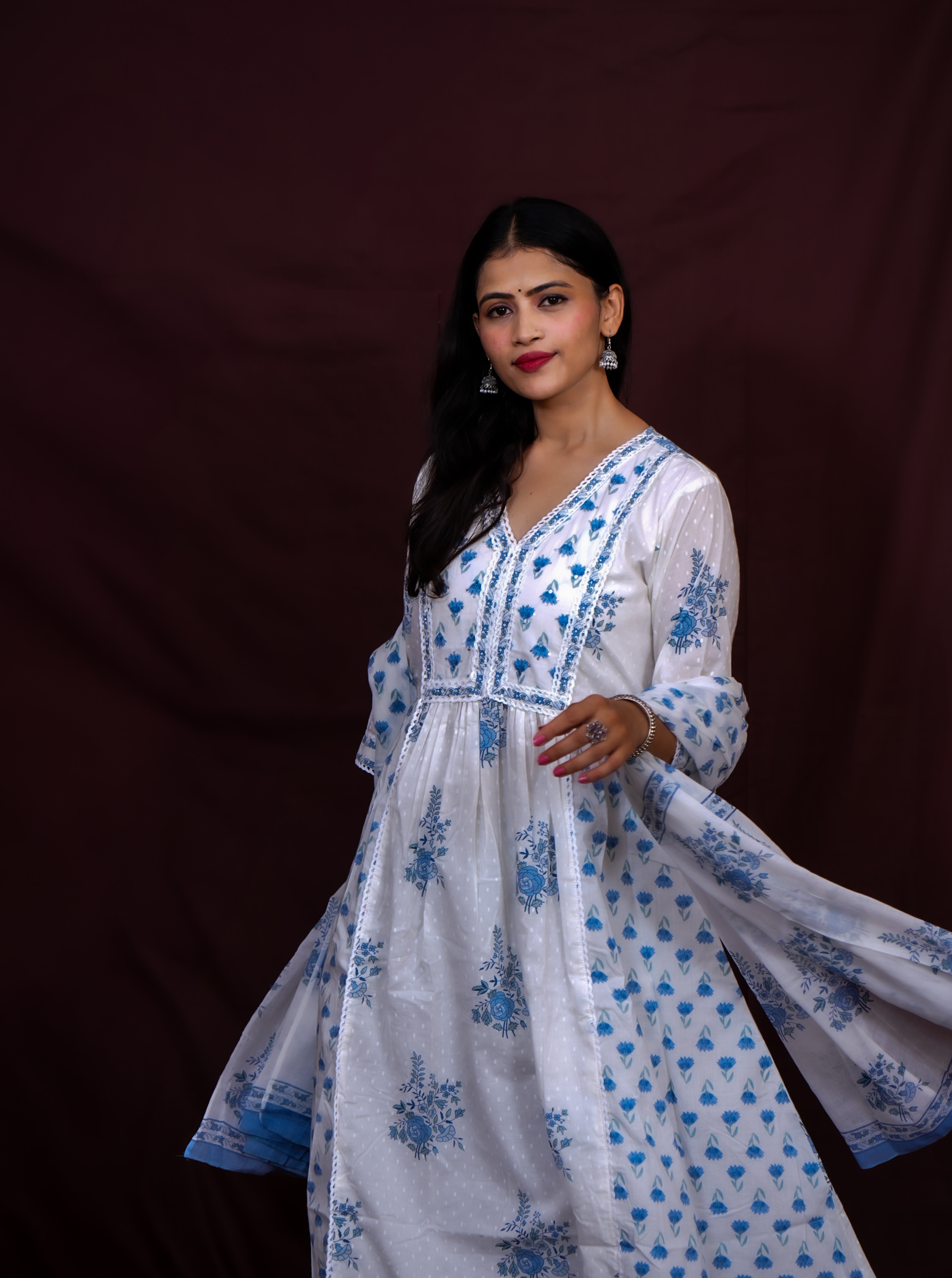 Floral Printed and Embroidered Kurta with Solid Pant and Printed Dupatta - White