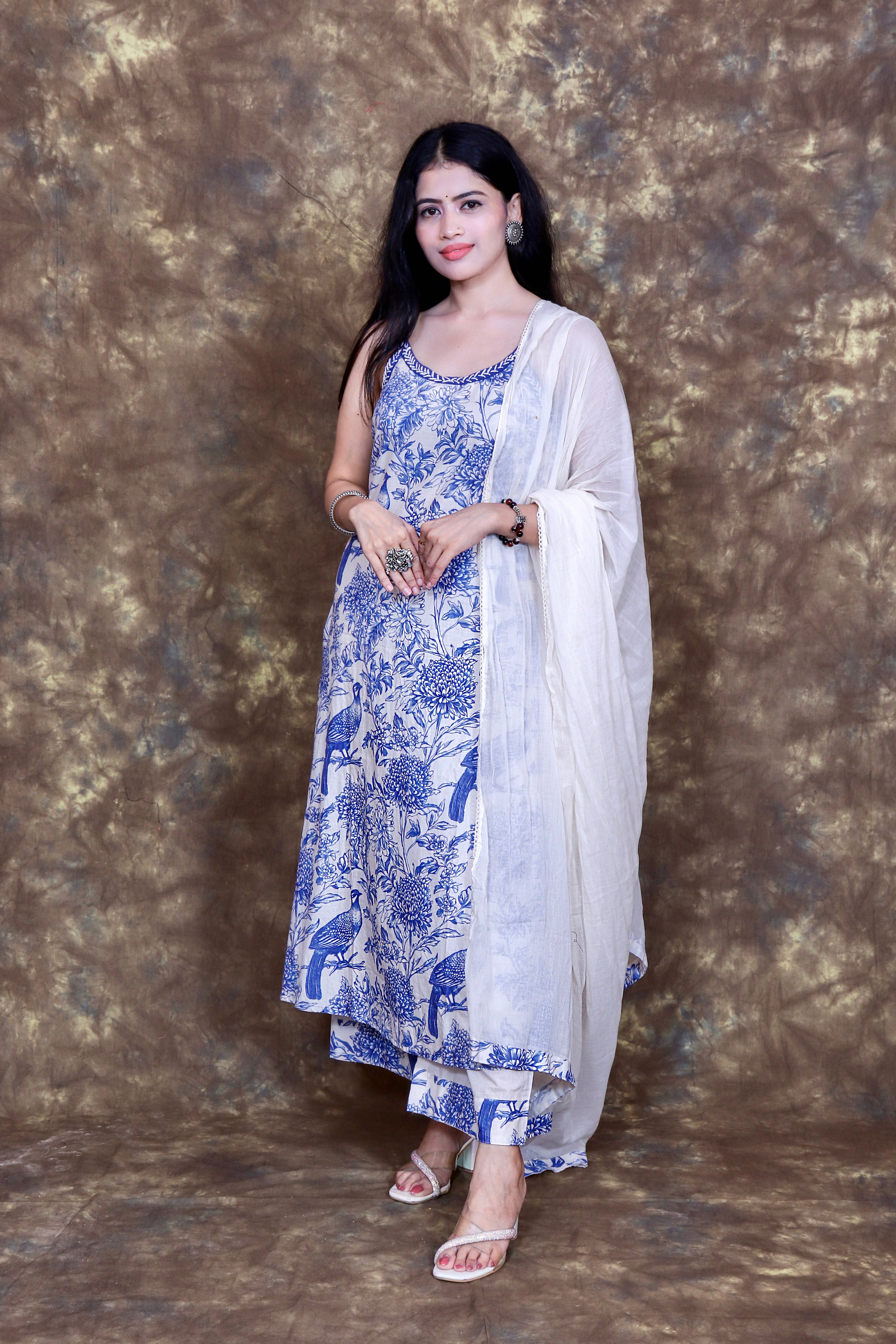 Floral Printed and Kantha Embroidered Kurta Set with Dupatta - Off White