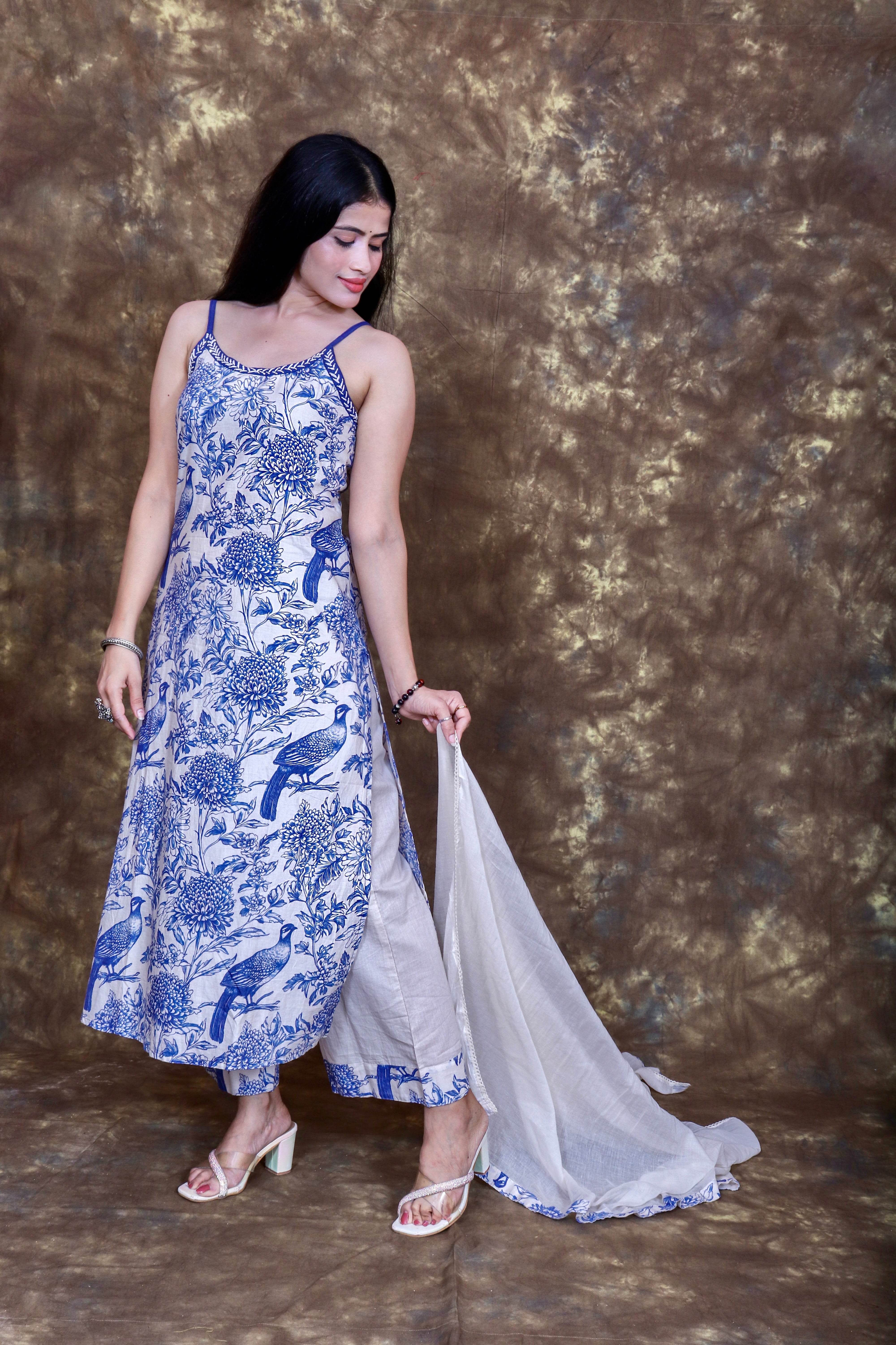 Floral Printed and Kantha Embroidered Kurta Set with Dupatta - Off White