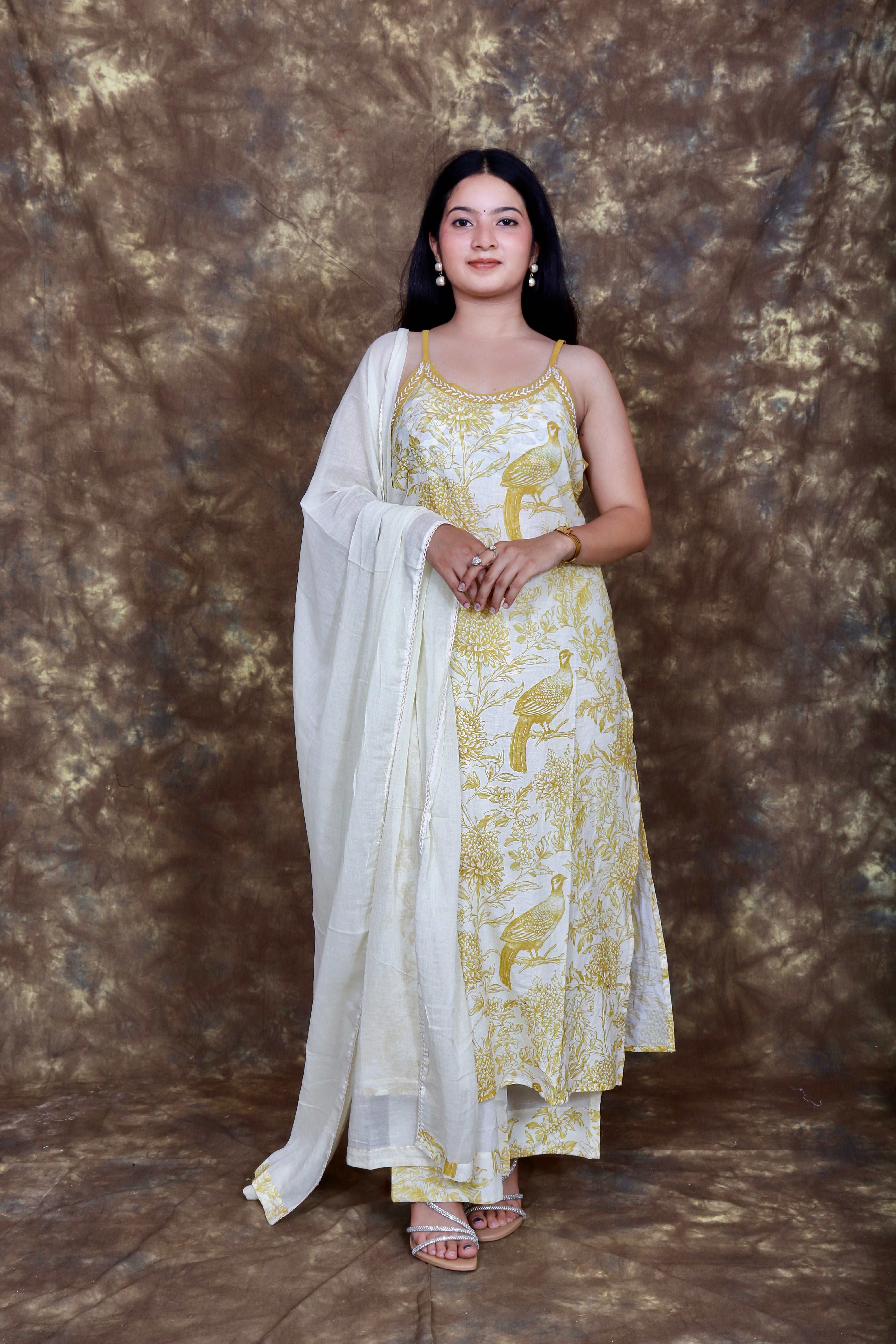Floral Printed and Kantha Embroidered Kurta Set with Dupatta - Off White