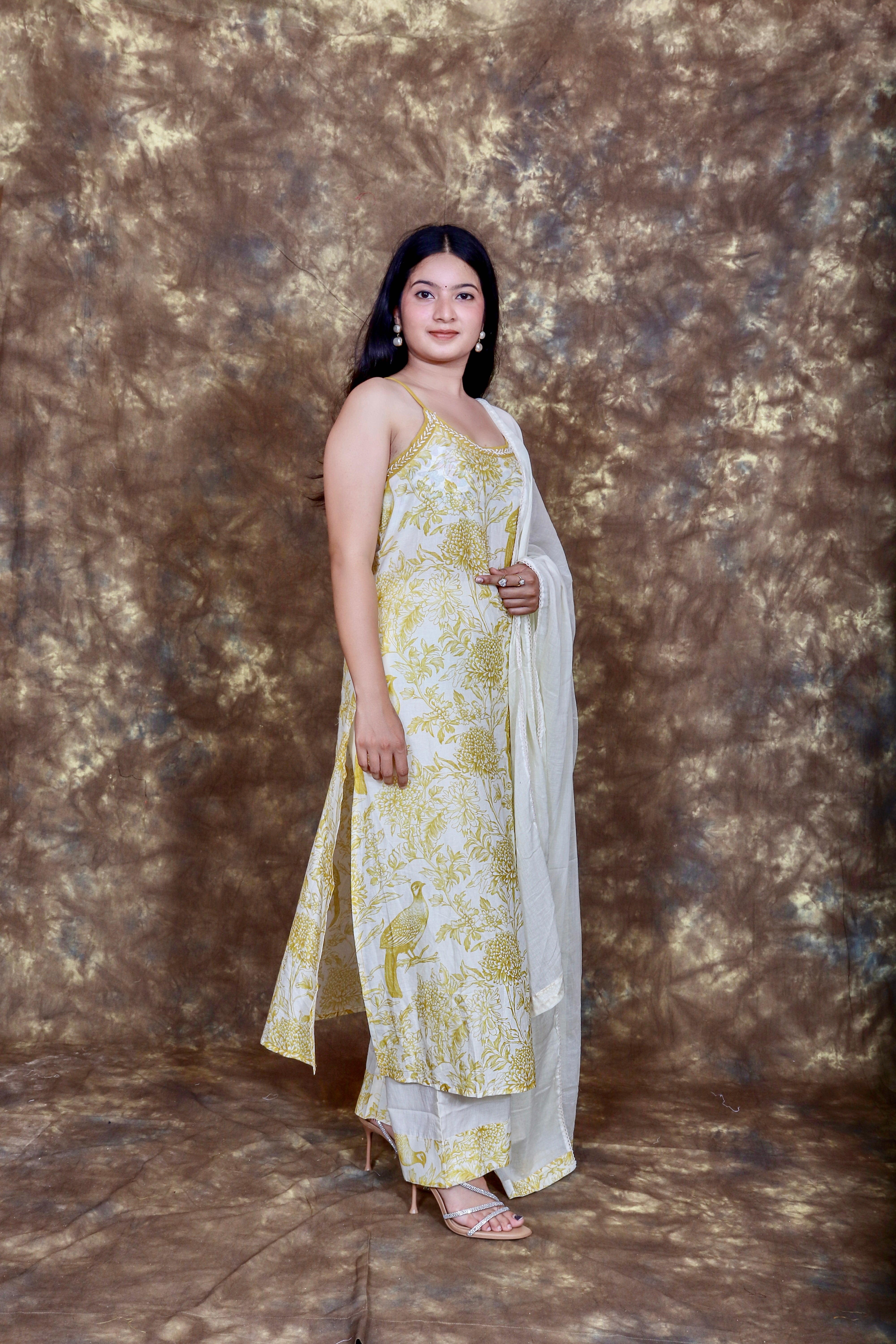 Floral Printed and Kantha Embroidered Kurta Set with Dupatta - Off White
