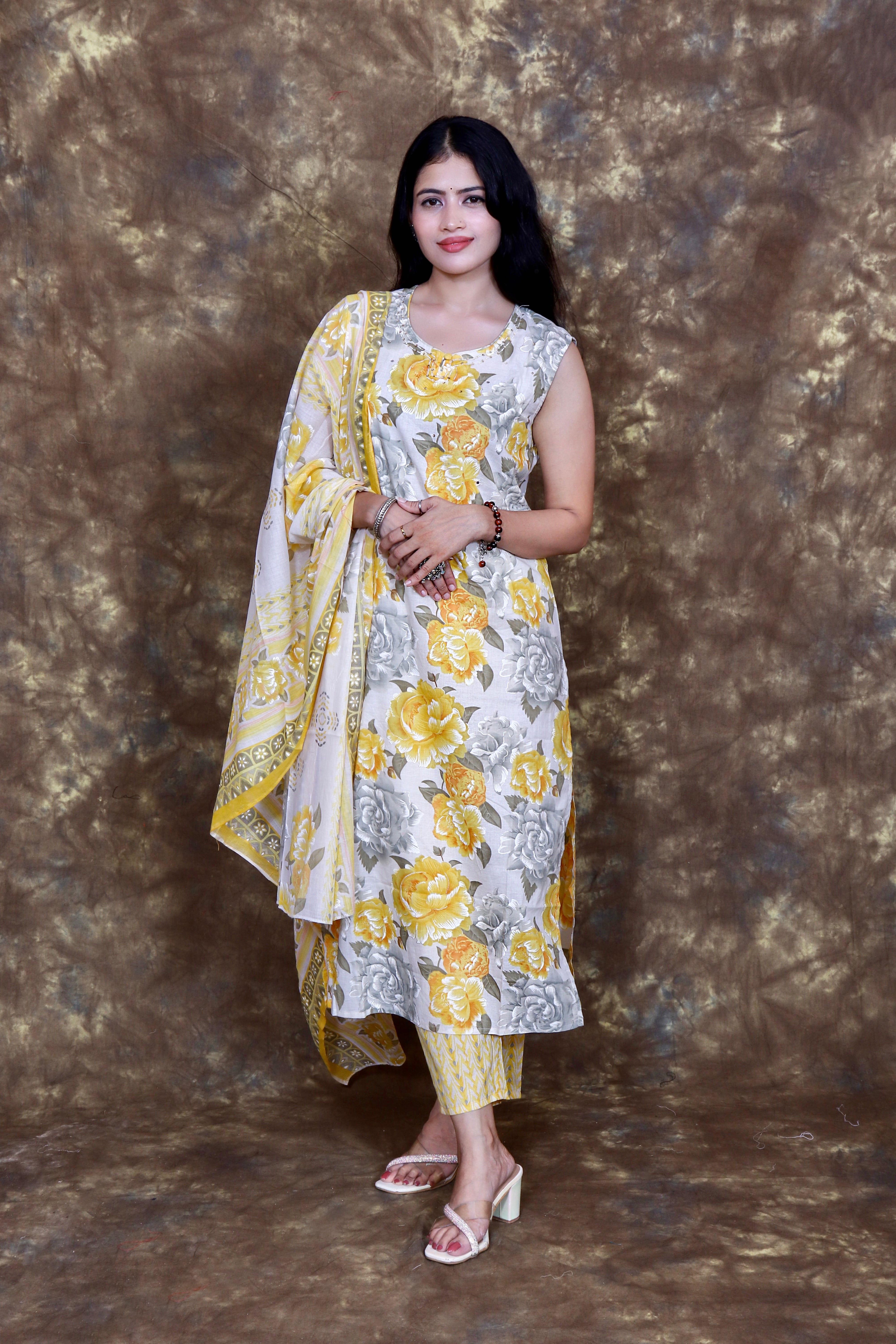 Sunshine Yellow Floral Printed Kurta Set with Dupatta - Off White