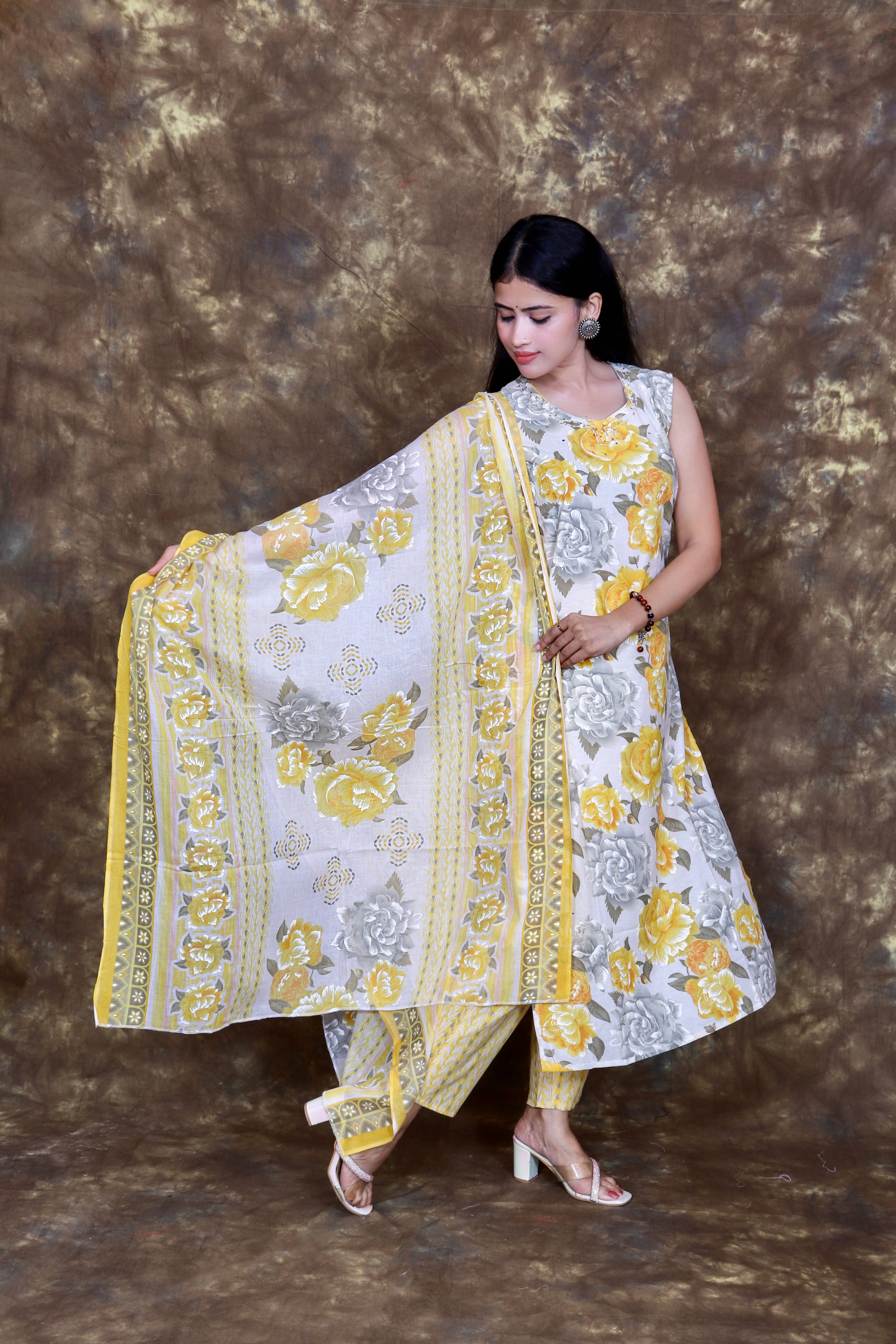 Sunshine Yellow Floral Printed Kurta Set with Dupatta - Off White