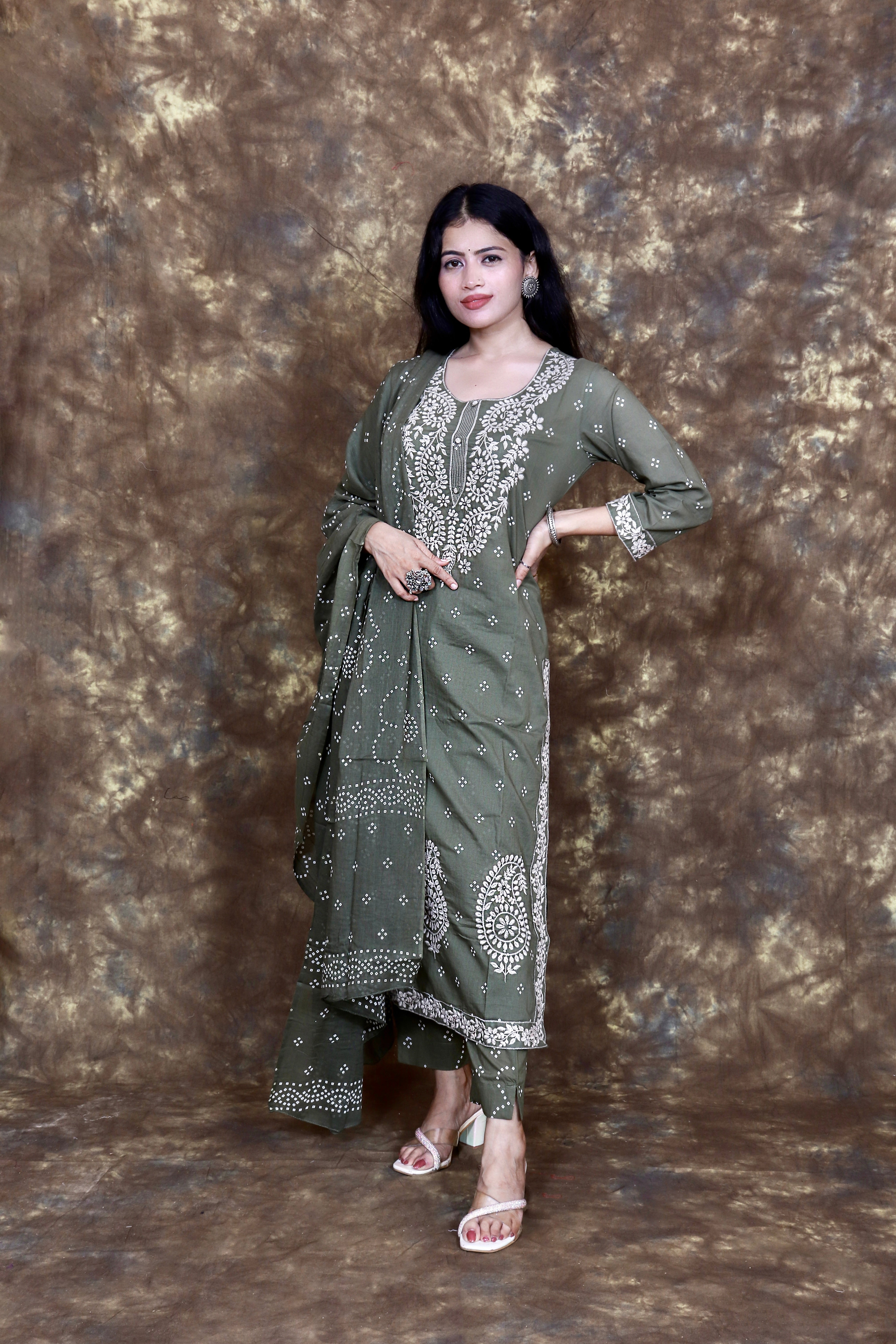 Ethnic Bandhni Printed and Thread Embroidered Kurta Set with Dupatta - Olive Green